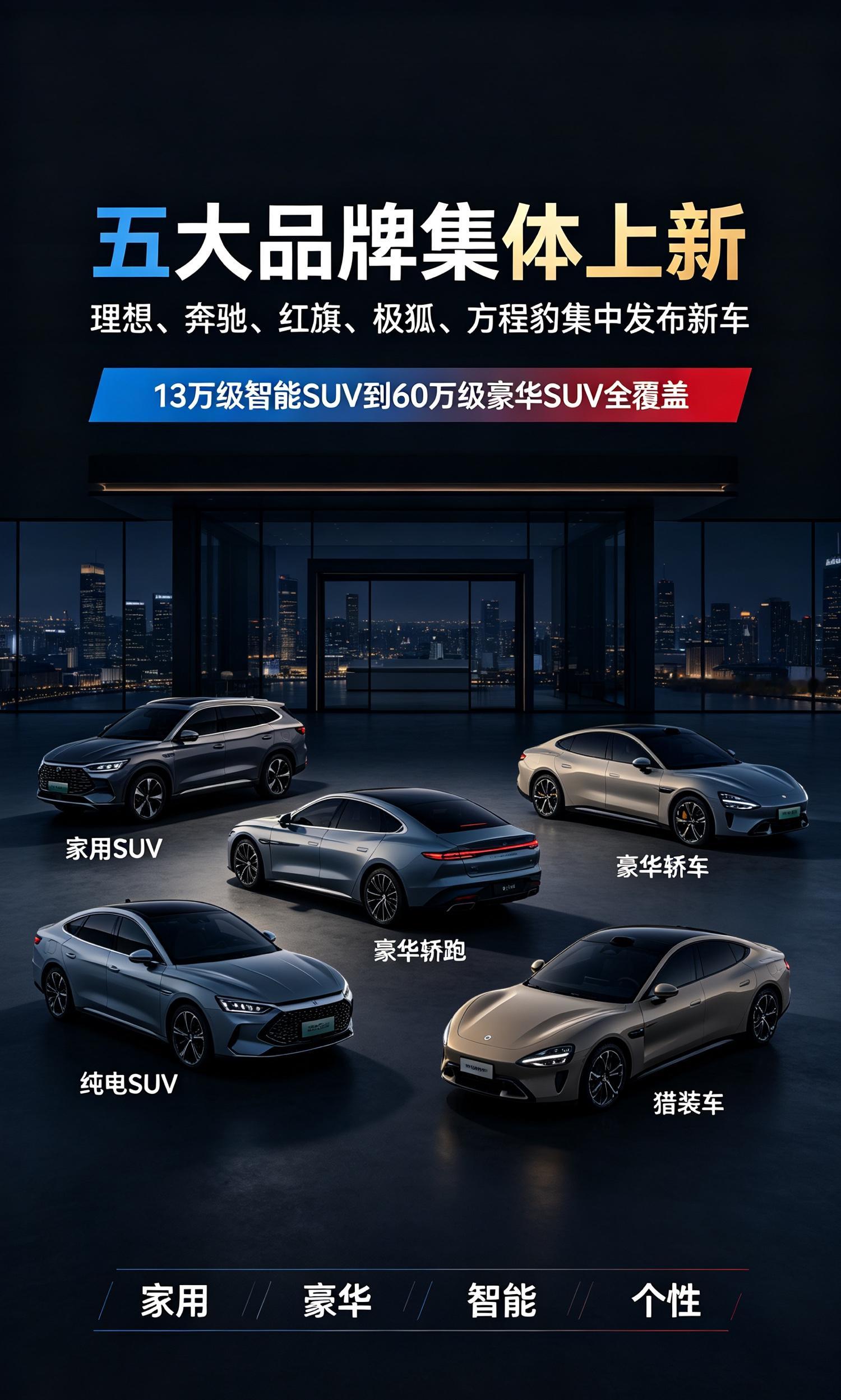 车市大爆发！理想、奔驰、红旗、极狐、方程豹集体上新，覆盖全价位买车参考

近期国内车市迎来一波超级热闹的新车潮！理想、奔驰、红旗、极狐、方程豹五大知名品牌，集中扎堆发布新款车型，从十几万家用车、高端商务轿车，到豪华SUV、个性轿跑全覆盖。不同预算、不同用车需求的朋友，都能找到对应的新车选择。

首先