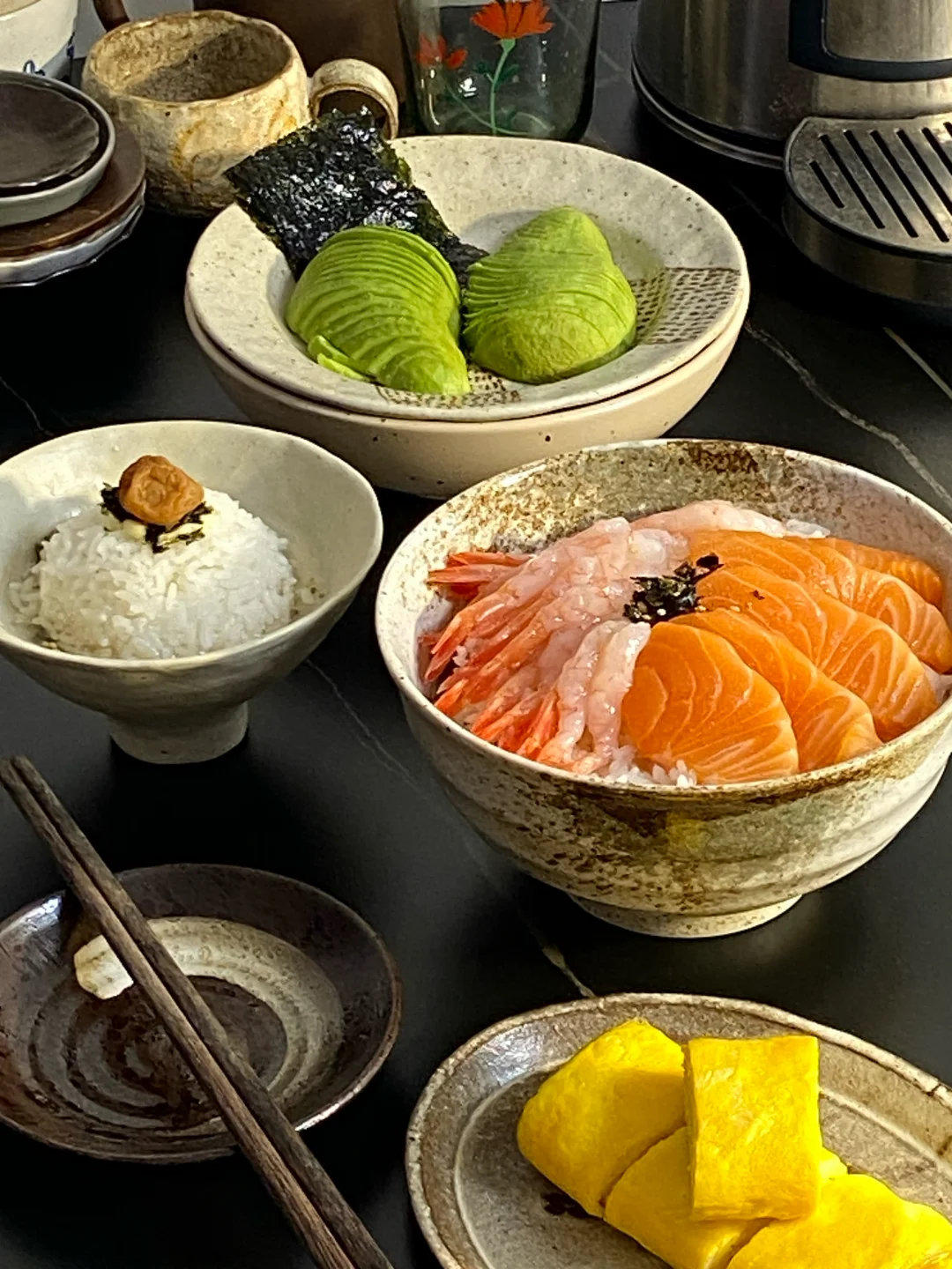 今日食谱📜三文鱼甜虾饭 鸡蛋卷 茶泡饭🥢