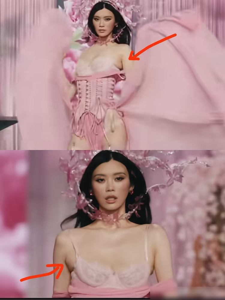 奚梦瑶杀回来了，带着腋下那两坨肉。
3月31日的时尚盛典，黑色抹胸开叉裙，镜头一怼近景，腋下直接被挤出一圈。腰也不细了，小腹明晃晃凸着，跟当年T台上那把骨头判若两人。
网友炸了，说超模标准崩了。
可你细品，她从维密摔下来那年起，嫁豪门、生俩娃、上综艺，早就不靠骨头吃饭了。这次复出走秀，要的是话
