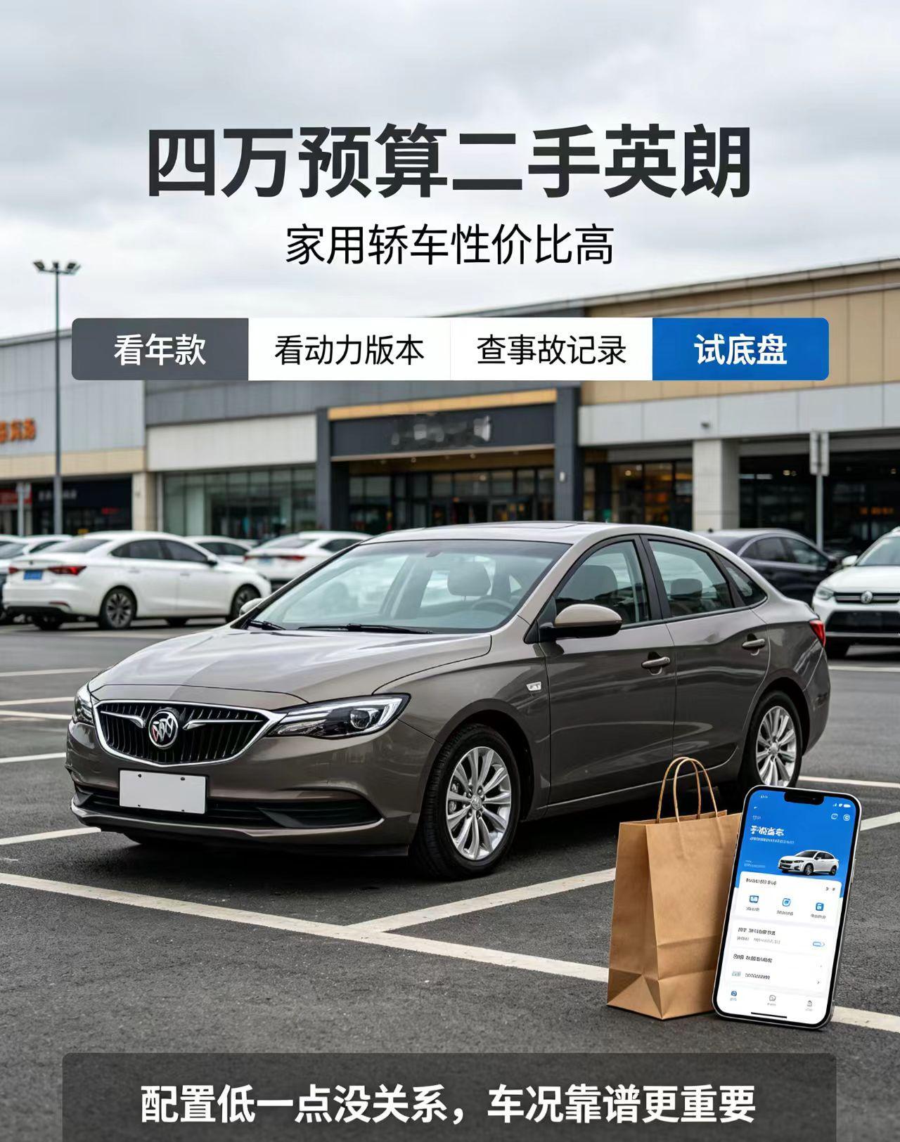 四万预算挑选自动挡轿车，嫌弃小型车空间偏小的，可以看看二手别克英朗。上下班、接送家人、周末短途出游都适配，车身空间更贴合普通家庭需求。
选购英朗，不能只看价格外观，不同年款、动力版本差距很大，一定要分清版本。重点查询事故、维修记录，查看发动机有没有漏油抖动，试驾感受变速箱换挡，同时检查底盘、内饰磨损