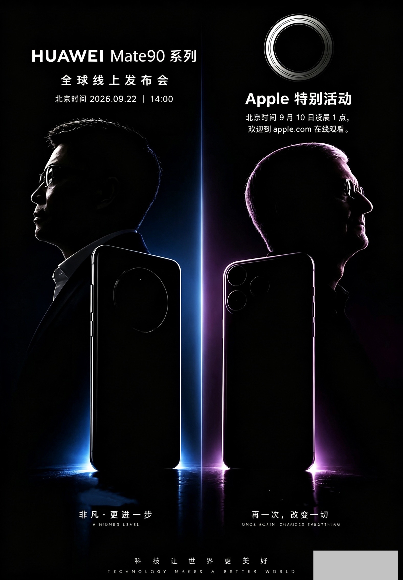 两大旗舰撞期！
华为Mate90与苹果新机发布会时间出炉

两大头部厂商新品发布会时间相继官宣，苹果特别活动定于9月10日凌晨1点，预计带来iPhone18系列。华为Mate90系列全球线上发布会，则安排在9月22日14点正式登场。

时隔多年，苹果与华为旗舰再度先后登场，引发数码圈热烈讨论。一边是
