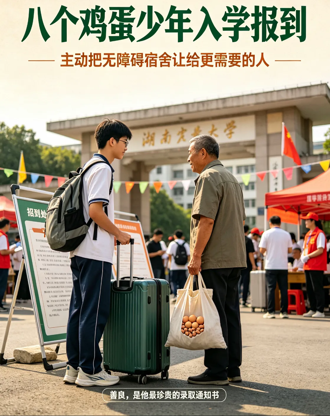 带着8个鸡蛋走进大学！贺永辉选择集体宿舍，把便利留给更需要的人

还记得那个“八个鸡蛋赴考”的少年贺永辉吗？9月12日，他正式踏入湖南农业大学，开启属于自己的大学时光。

当年赴考时，父亲给他准备了八个鸡蛋；今天来大学报到，父亲依旧带上了八个鸡蛋与花生。小小的鸡蛋，承载着一家人的期盼，从考场一路陪他