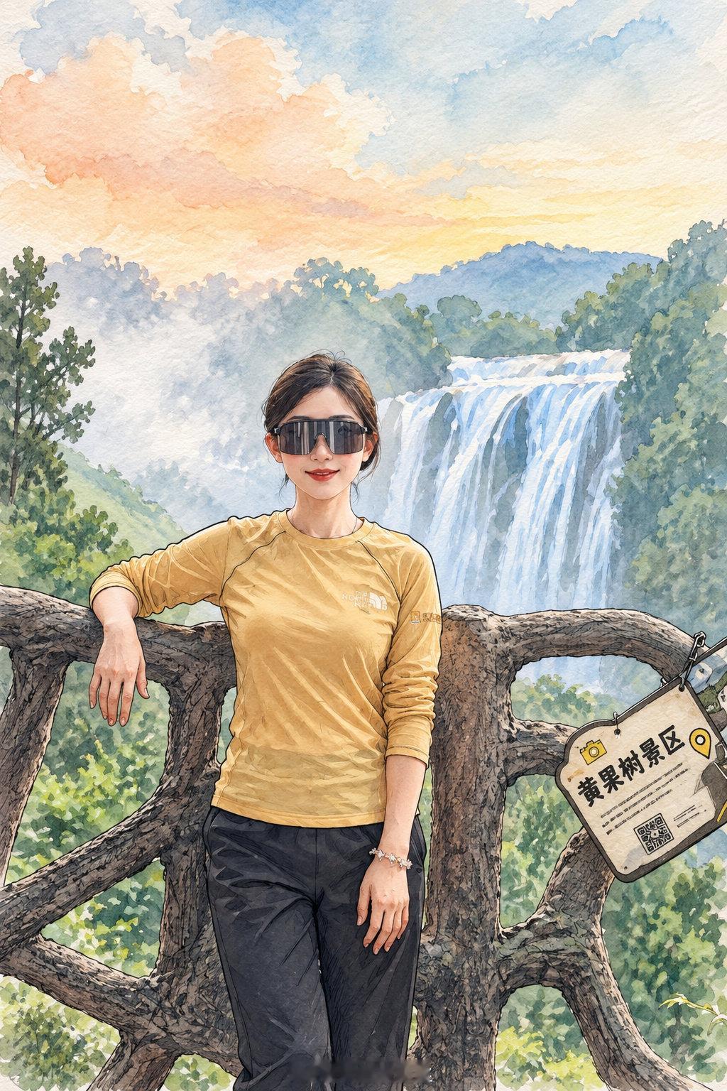 前阵子去黄果树拍的一张照片，让chatgpt给我做图，以下四种风格，分别是：
手绘风，杂志插画，高级水粉，法式时尚，你们觉得哪种风格好看？ ​