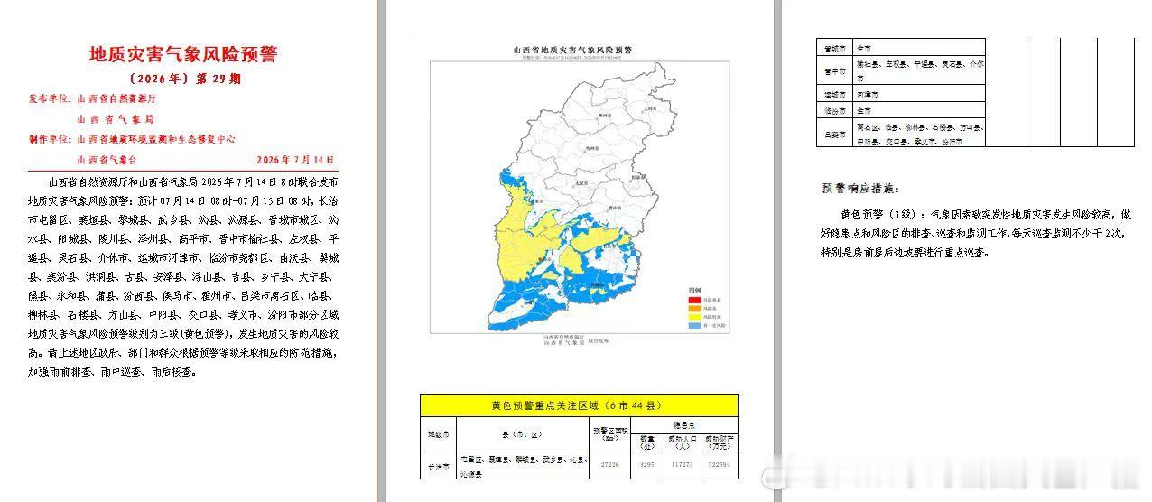 山西省自然资源厅和山西省气象局2026年7月14日8时00分联合发布地...