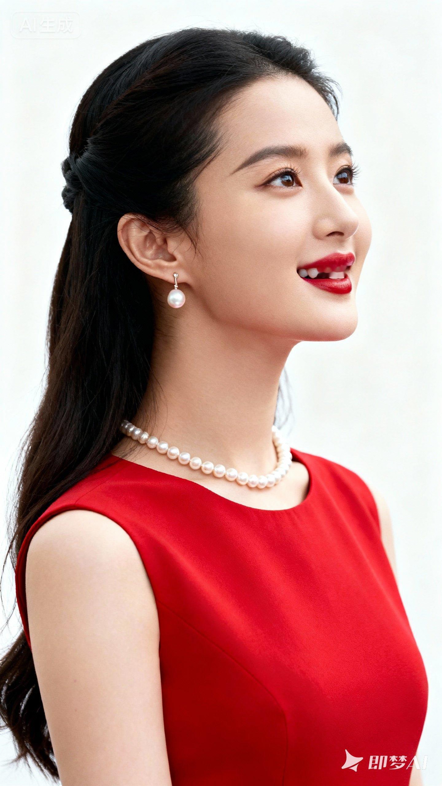 神仙姐姐侧颜如画。眉清目秀配半扎披肩发，珍珠耳环与项链衬得她冰清玉洁...