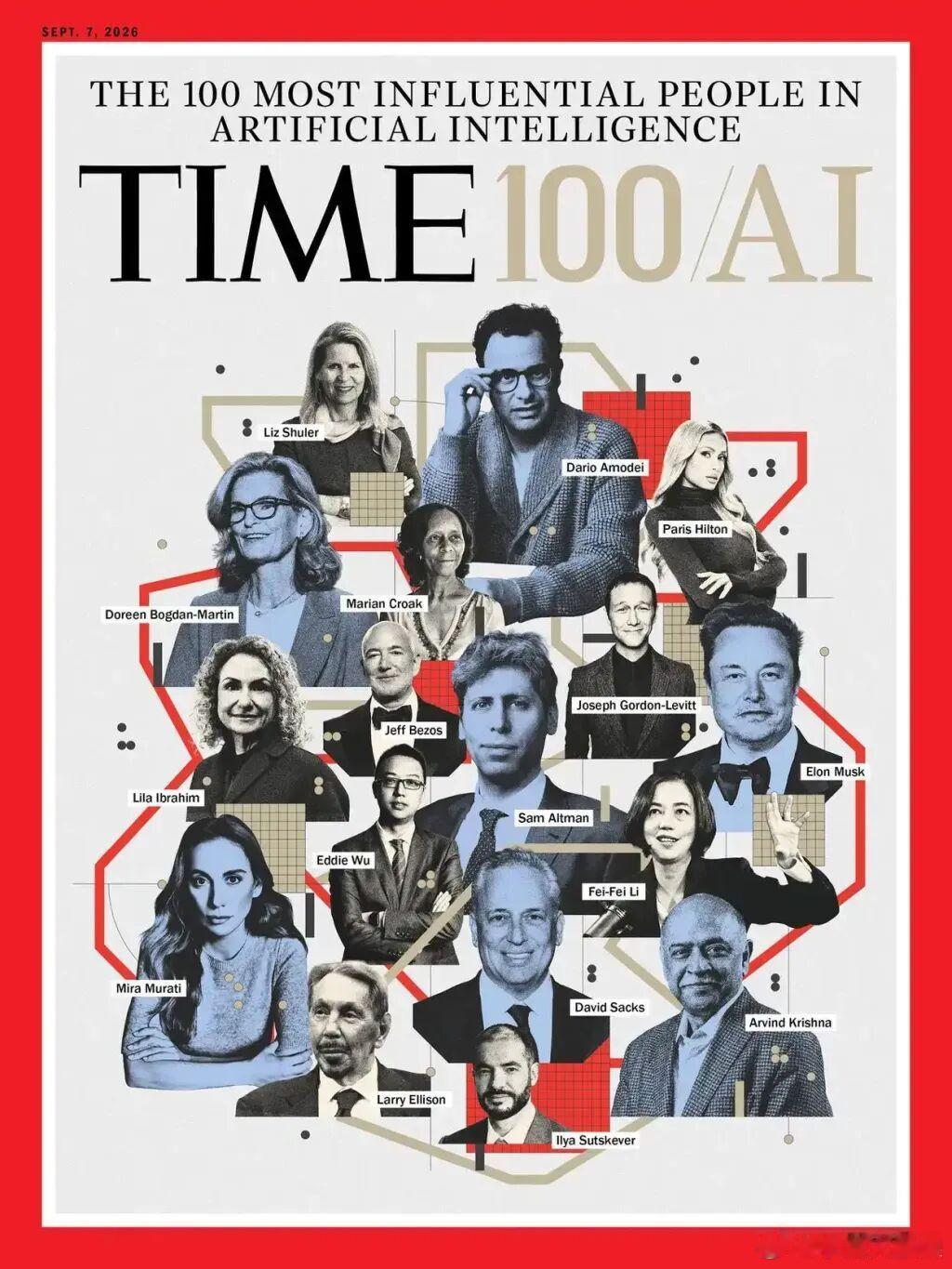 美国《时代》杂志公布2026年全球AI领域最具影响力100人榜单。
OpenAI CEO山姆·奥特曼、特斯拉及xAI创始人埃隆·马斯克、阿里巴巴集团CEO吴泳铭、斯坦福大学教授李飞飞、Anthropic CEO达里奥·阿莫代伊、甲骨文联合创始人拉里·埃里森等17人登上本期封面。
另有多位中国AI领域人物入选该榜单，覆盖大模型、 ​