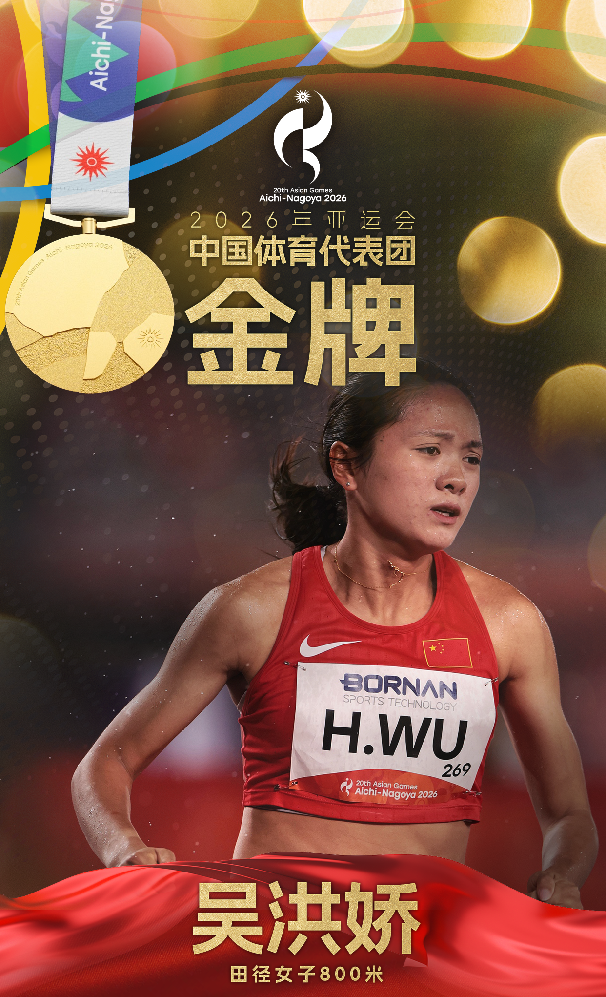 吴洪娇夺得亚运会田径女子800米金牌
9月29日，名古屋亚运会田径女子800米决赛，中国选手吴洪娇以2分04秒49夺得金牌！
（来源：央视新闻）