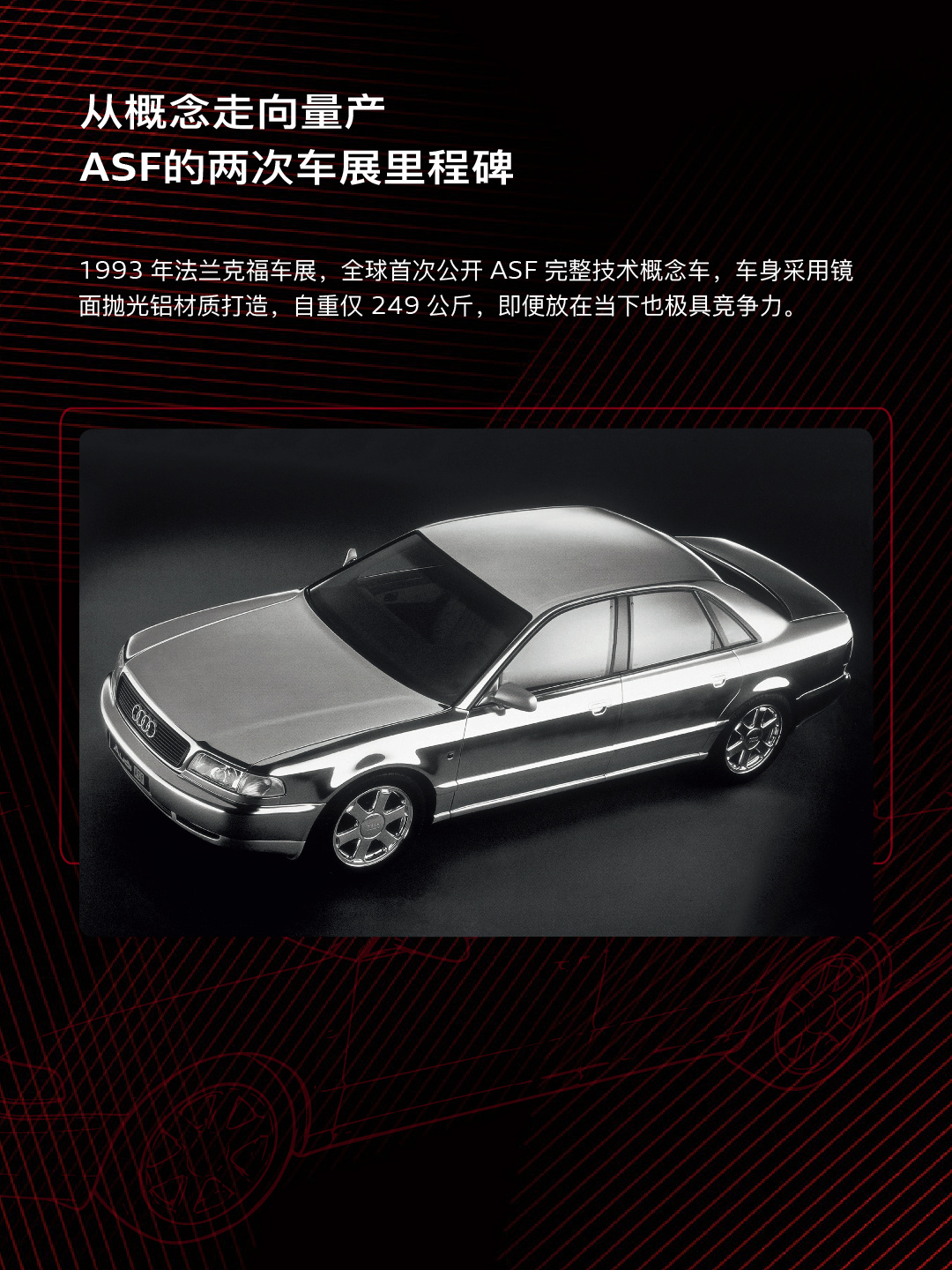 科技词典之
ASF 即“Audi Space Frame”，原理类似人体骨骼。通过不同材料、不同构件各司其职、精准分工，在实现极致轻量化与超高车身强度的同时，也赋予了车型设计与结构布局极大的创作自由。
🚗1993年法兰克福车展，全球首次公开ASF完整技术概念车。
🚗1994年3月日内瓦 ​