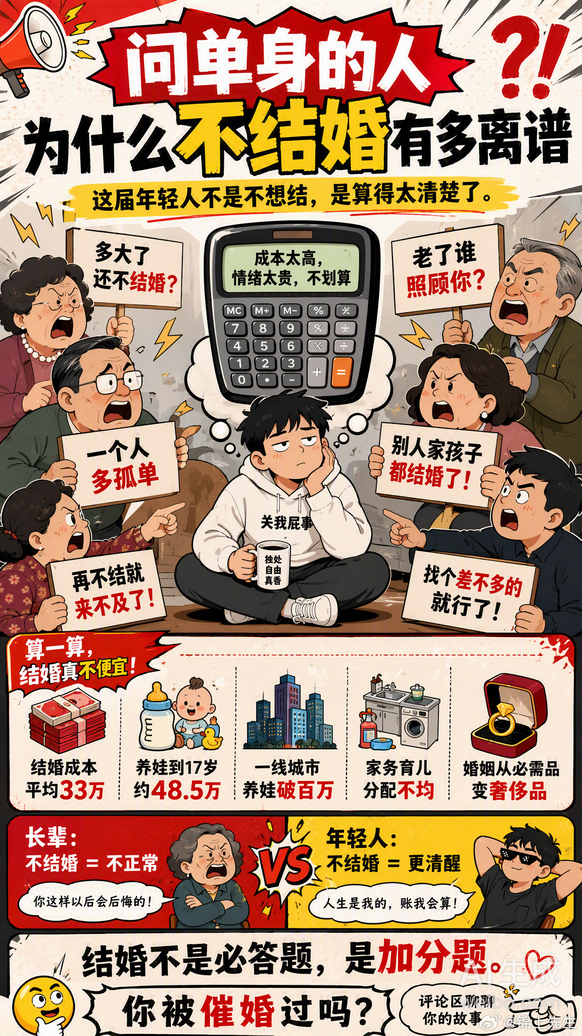#问单身的人为什么不结婚有多离谱# 

一到节假日，七大姑八大姨的“灵魂拷问”准时上线：“多大了还不结婚？”

可现在的年轻人，真不是不想结，而是算清了一笔账——

💰 经济账：结婚平均成本33万，养娃到17岁约48.5万，一线城市养娃破百万。工资到手还没捂热，就要分给房贷、车贷、育儿、人情往来 ​