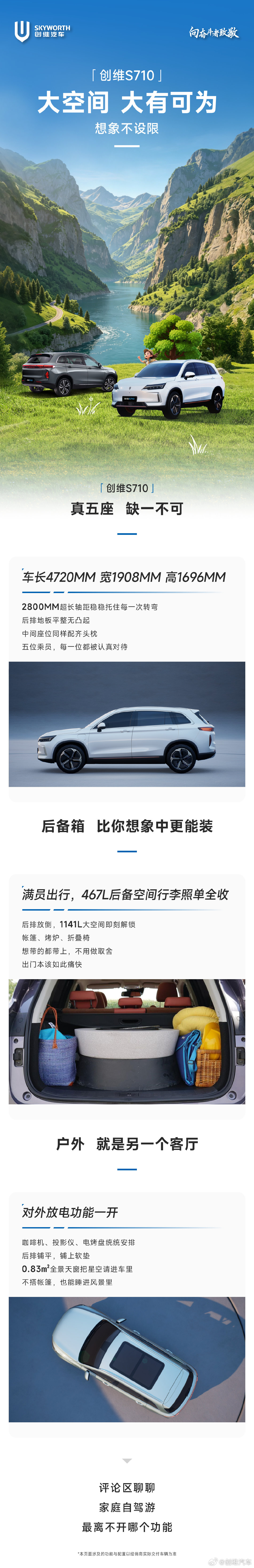 假期将至
全家出游的必需品
一件都不能落下
创维S710大空间
帐篷烤炉折叠椅照单全收，空间足够，旅途才更舒展
#创维汽车# ​