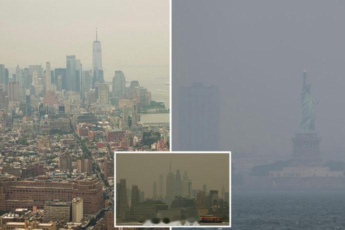 受加拿大山火产生大量烟霾的影响，美国纽约被南下的霾雾笼罩，空气中弥漫...