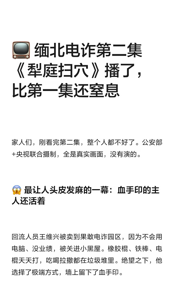 📺 缅北电诈第二集《犁庭扫穴》播了，比