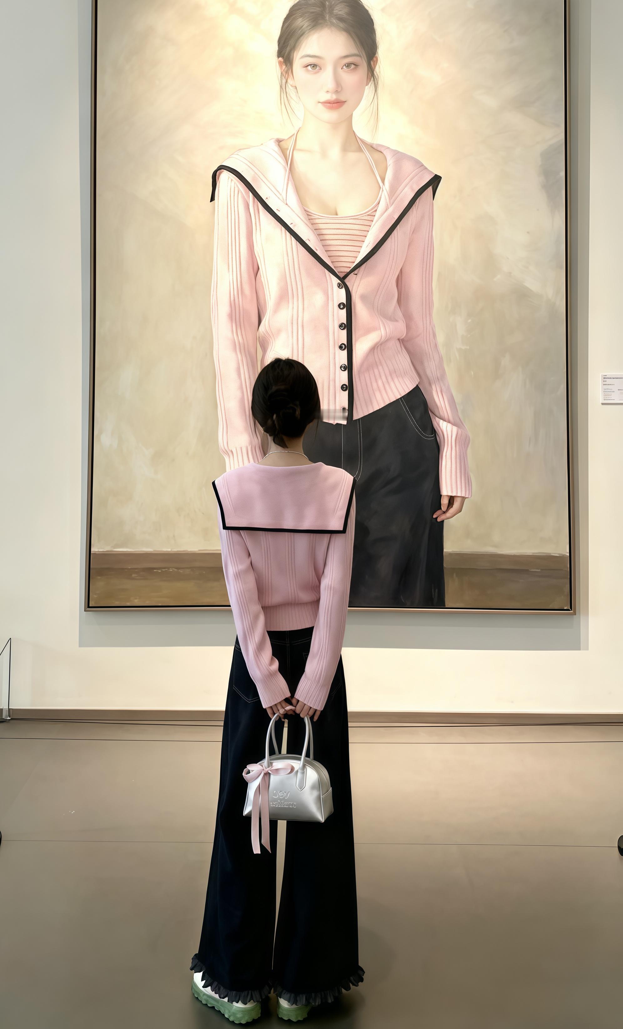 韩系慵懒风撞色边海军领针织开衫毛边阔腿