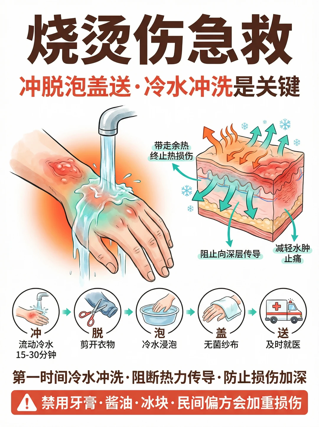 马上过年了，又是烧烫伤的高发时段，被烧烫一定要遵循冲、脱、泡、盖、送五字箴言，别