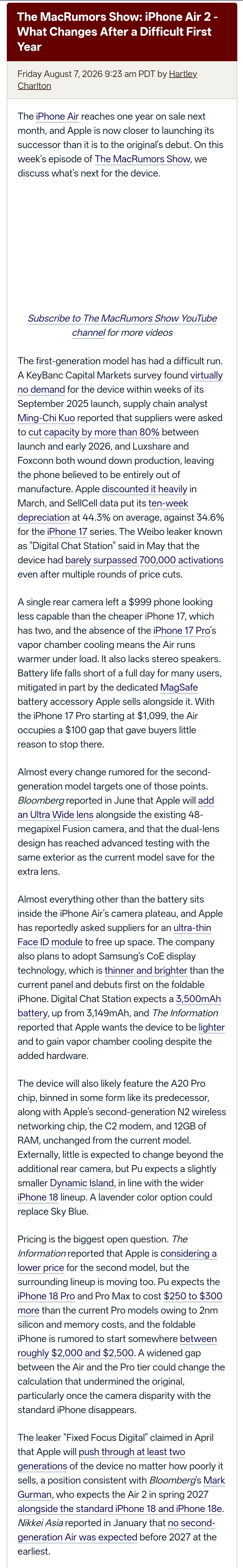 #iPhoneAir2再爆料#
现在看来，初代Air可能更像是一种试验之作，可能苹果自己也认识到了这点。
产品力上，单摄，没有vc散热导致发热严重、缺少立体声扬声器，小电池……这些短板综合算下来，使iPhone Air的性价比不如17标准版。所以销量不好，截至今年5月，也只是刚刚超过70万台。
于是，iPhone Air 2 ​