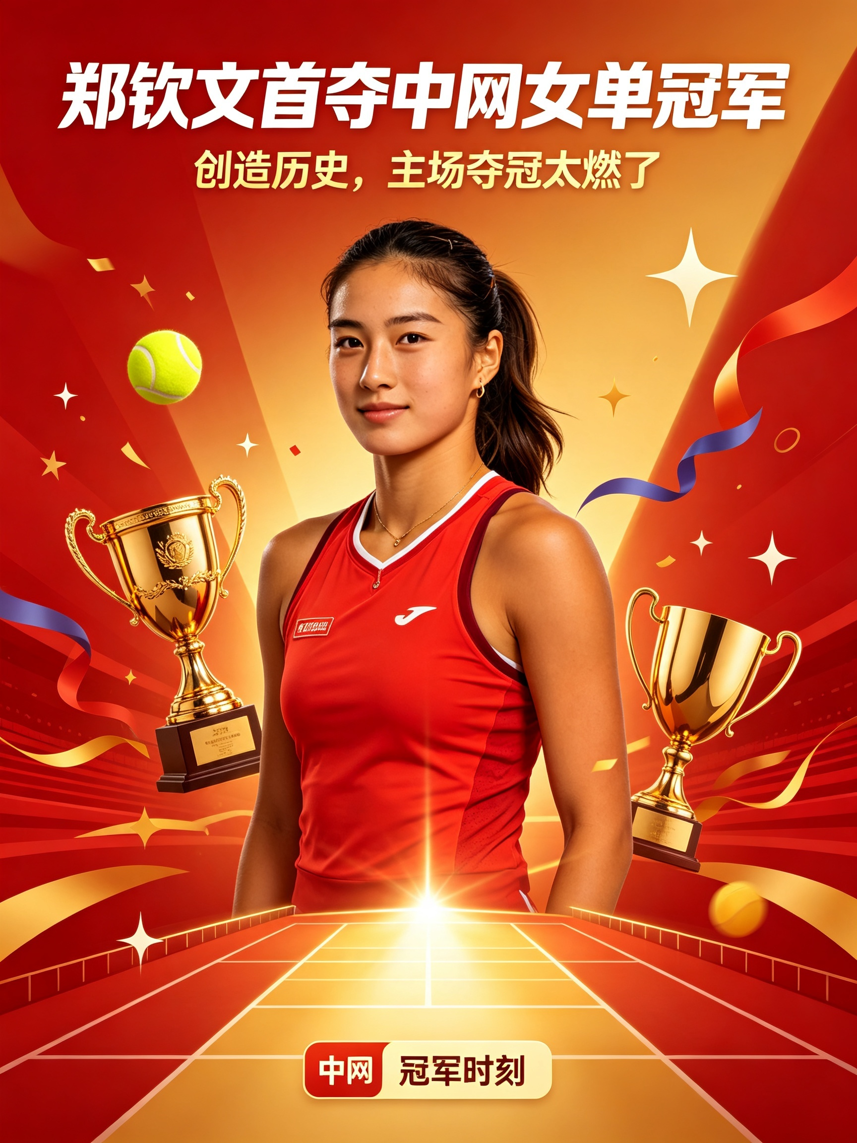 标题：创造历史！郑钦文首夺中网女单冠军，这一刻太燃了
郑钦文成功拿下中网女单冠军，刷新个人新纪录！
整场赛事她打得果断坚韧，顶住重重压力，在家门口捧起这座含金量满满的奖杯。
从初出茅庐到站上中网最高领奖台，郑钦文多年的成长肉眼可见。
很多球迷为之动容，这份永不言弃的拼搏精神，看得人热血沸腾。
中国网