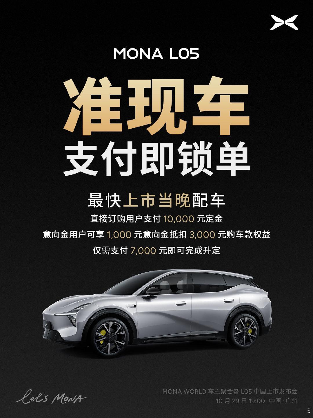 MONA L05准现车已经准备好了！！！
小鹏这波明显卯足了劲要冲一波销量！
付定金锁单，最快上市当晚就能配车

大五座SUV，颜值、智驾、空间全都安排到位，想快速提车的朋友千万别错过！
#MONAL05上市定档10月29日##MONAL05首次开放准现车抢定# ​
