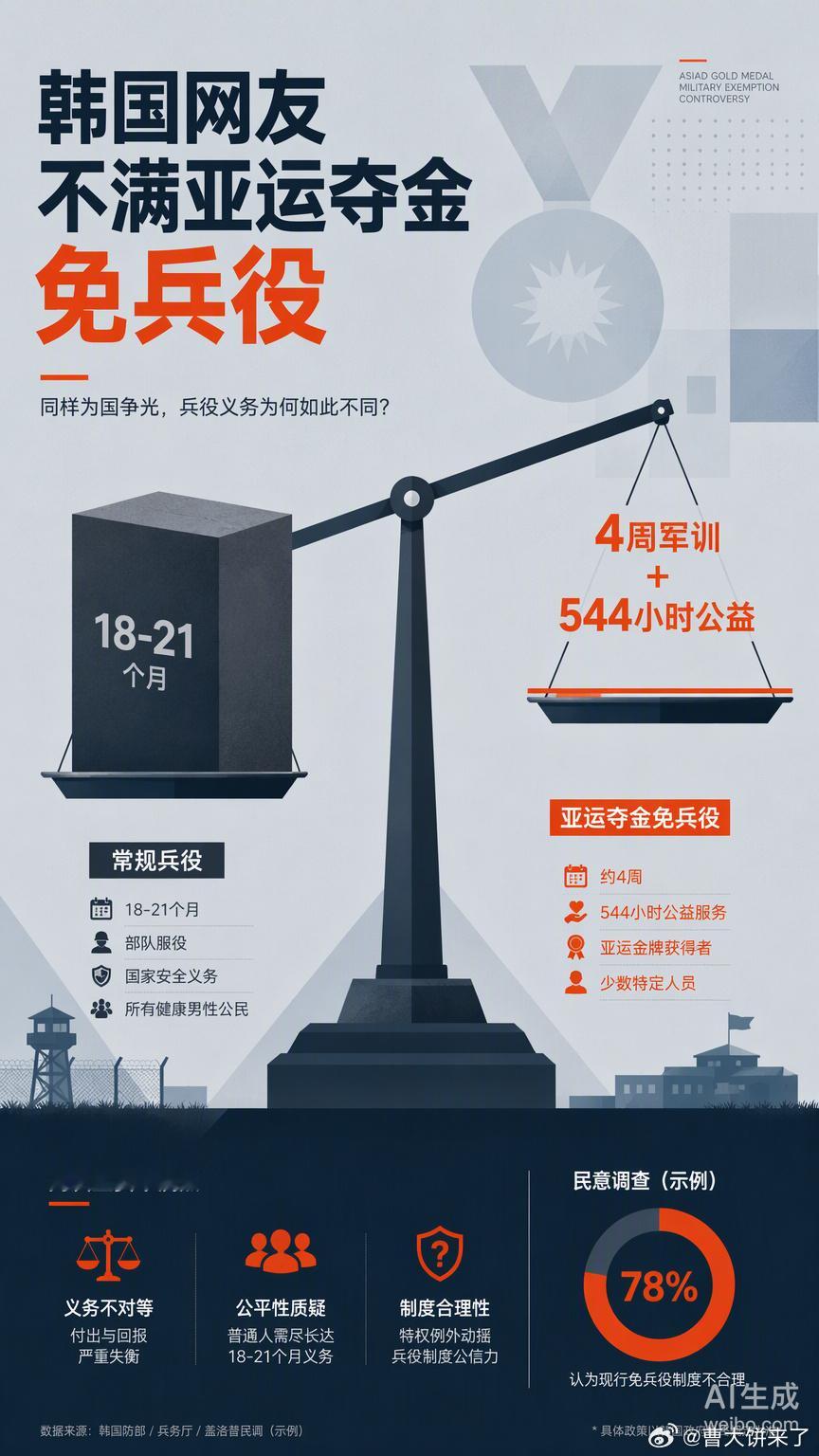 看着是韩国网友在闹情绪，换个运动视角看，这其实是兵役制度这套“高压考核机制”逼着运动员做出的动作变形。

根据规定，亚运夺金就能免除18到21个月的常规服役，只需接受4周基础军训并完成544小时公益服务。这种巨大的生存红利，让金牌在部分球员眼里不再是荣誉的顶点，而成了逃离军营的唯一通道。U2 ​