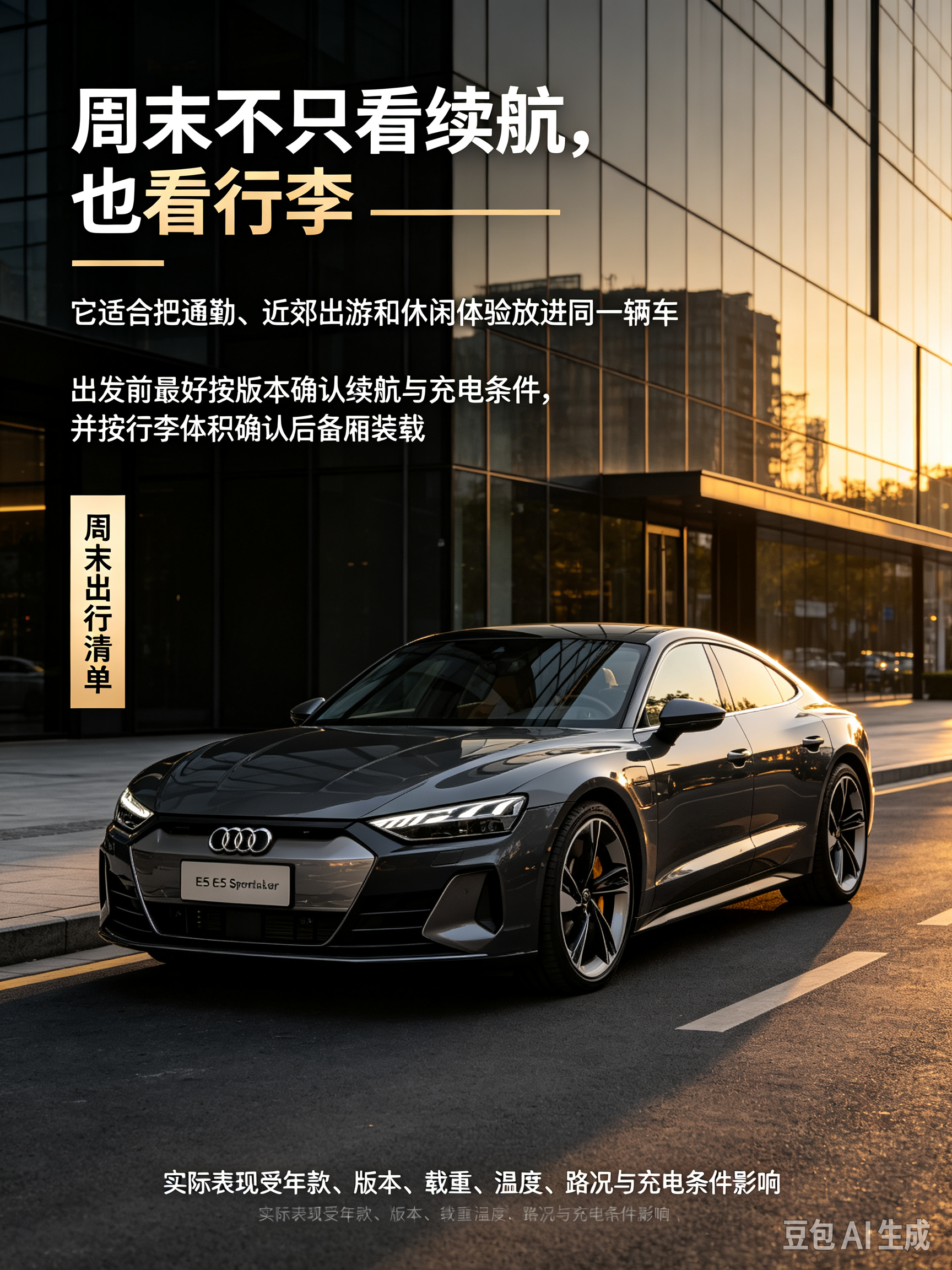 奥迪E5 Sportback适合把日常通勤、近郊出游和休闲体验放进同一辆车，但周末出发前，最好按版本确认续航/充电条件，并按行李体积确认后备厢装载是否足够。【来自懂车帝车友圈】
