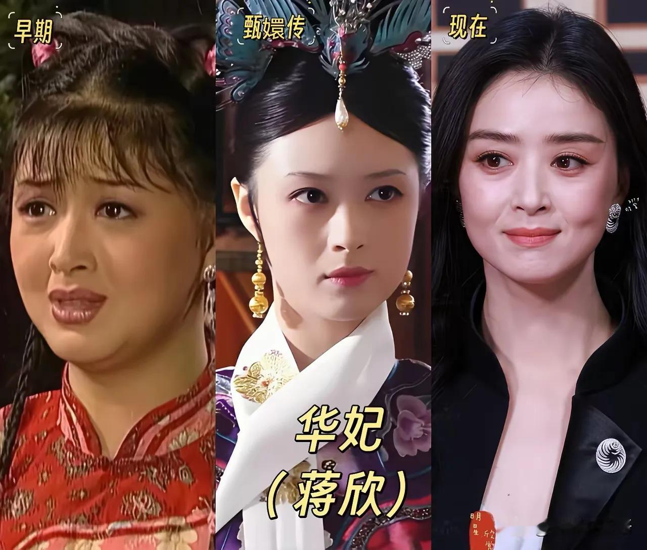 《甄嬛传》众位女演员今昔对比颜值都很高。
 
孙俪饰演的甄嬛、蒋欣的华妃、蔡少芬的皇后，每一个角色都堪称经典。陶昕然的安陵容、斓曦的沈眉庄、唐艺昕的祺贵人，当年剧中个个鲜活亮眼。一部剧能火十几年，不光剧本精彩，也离不开这群演员用心塑造角色。一晃这么多年过去，各位演员变化各不相同。
蒋欣的演艺生涯，展