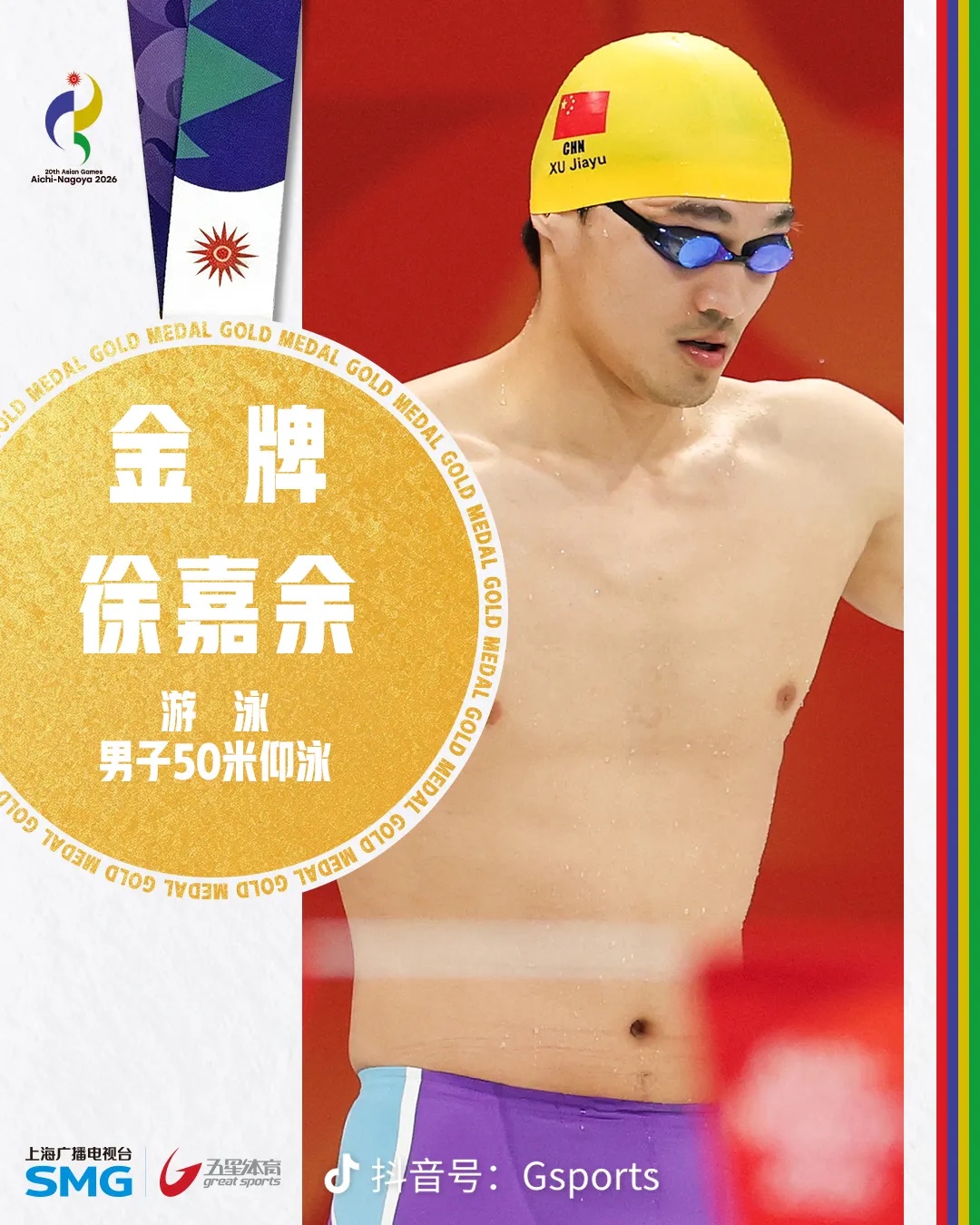 徐嘉余又拿金牌了！
9月21号，名古屋亚运会男子50米仰泳决赛，他游出24秒04，刷新赛会纪录，稳稳夺冠，队友王梓成拿下第二！

都说游泳是年轻人的天下，可徐嘉余这个老将，越老越能打。

从100米仰泳到50米仰泳，他一场不落，还是那个泳池里的&34;仰泳一哥&34;。

年轻人一茬接一茬地往上冲，他还在坚持，