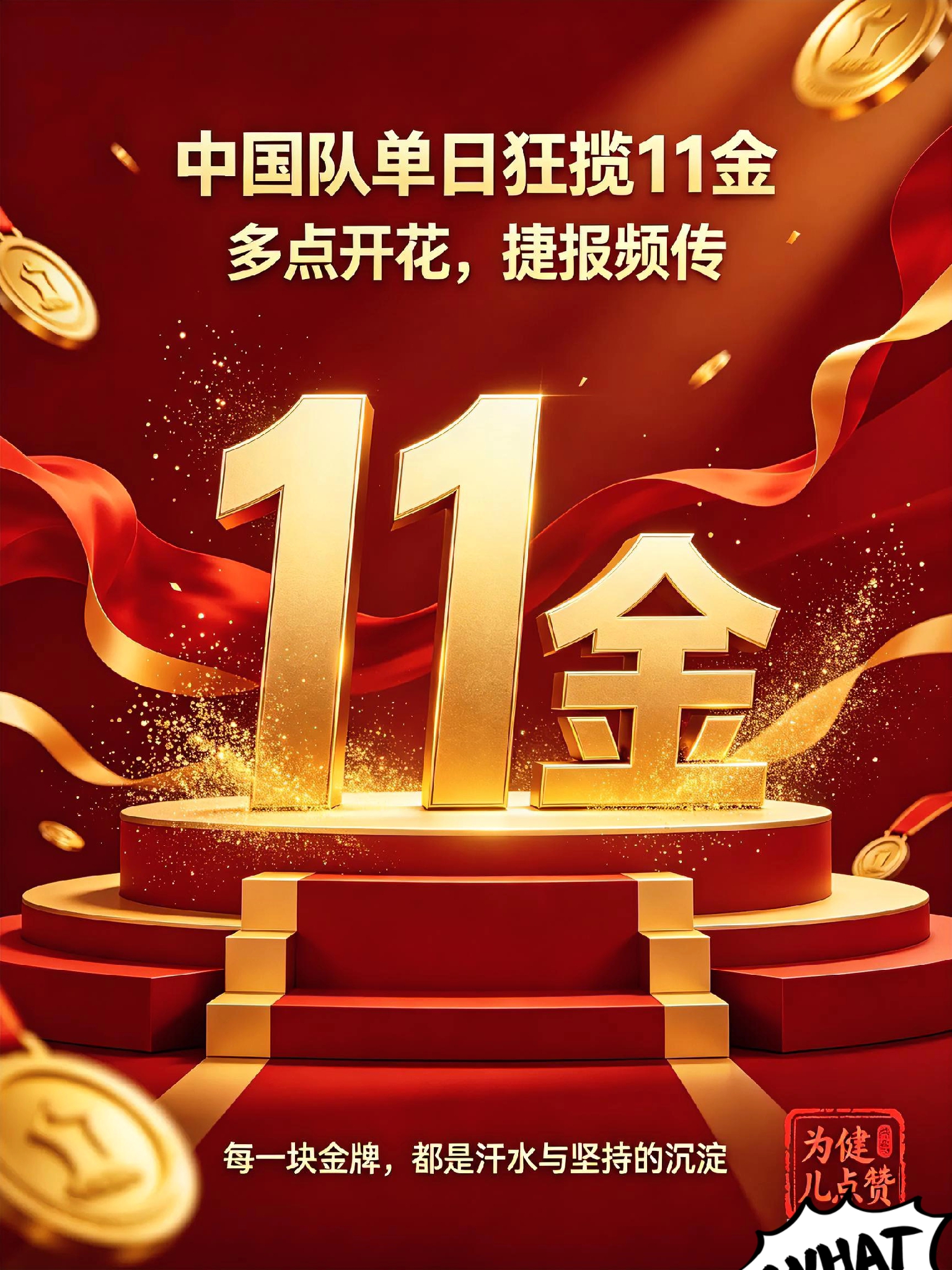 单日狂揽11金！中国队收获满满，赛场捷报频传
 
单日比赛收官，中国队一举拿下11枚金牌！
多个项目多点开花，运动员们稳扎稳打，在赛场上奋力拼搏，凭借过硬实力站上最高领奖台。
 
每一块金牌背后，都是日复一日枯燥的训练，是汗水与坚持的沉淀。
赛场之上，他们沉着应战，顶住压力，一次次突破自我，为国家争