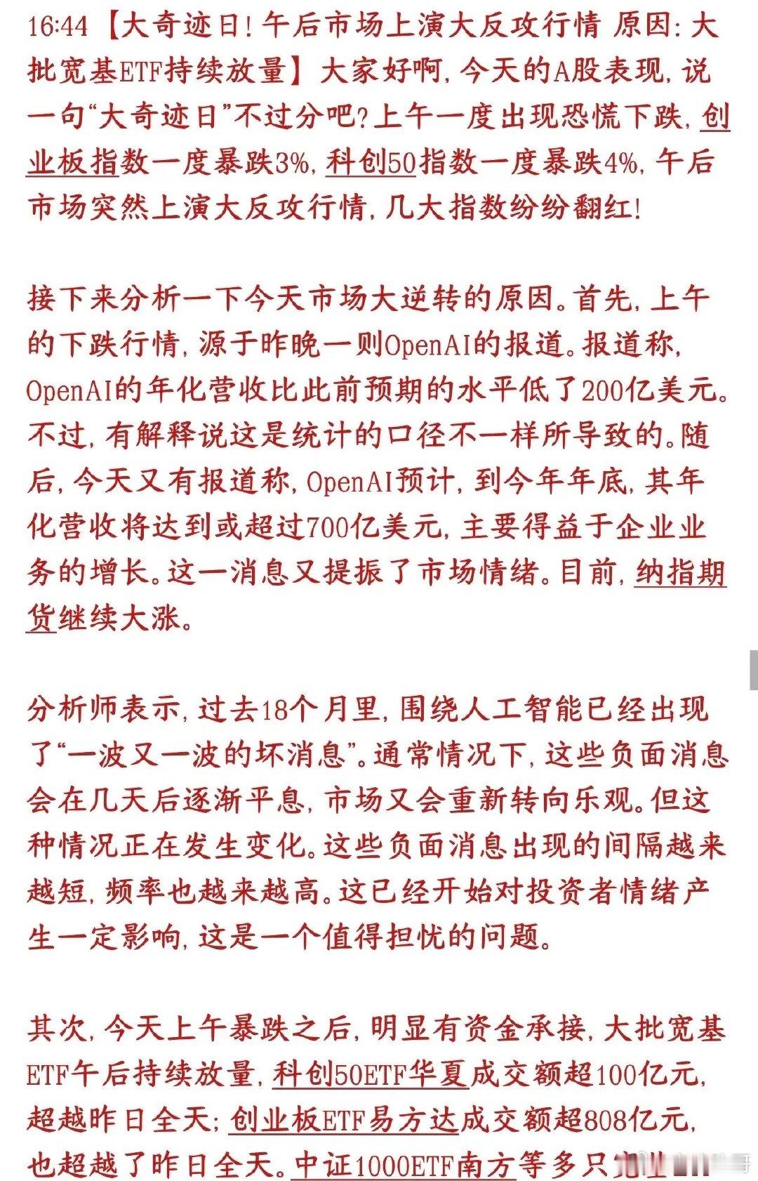 A股今天触底大反弹的原因出来了，宽基买入是主因
今天A股上午还是大跌，创业板最多跌3%、科创50最多跌4%；午后大量资金买入宽基ETF（科创50ETF、创业板ETF成交显著放大），靠ETF资金托底，带动指数从大跌拉到翻红。

早上杀跌的导火索：OpenAI年化营收低于之前传闻。
随后市场澄清是统计口径问题+OpenA ​