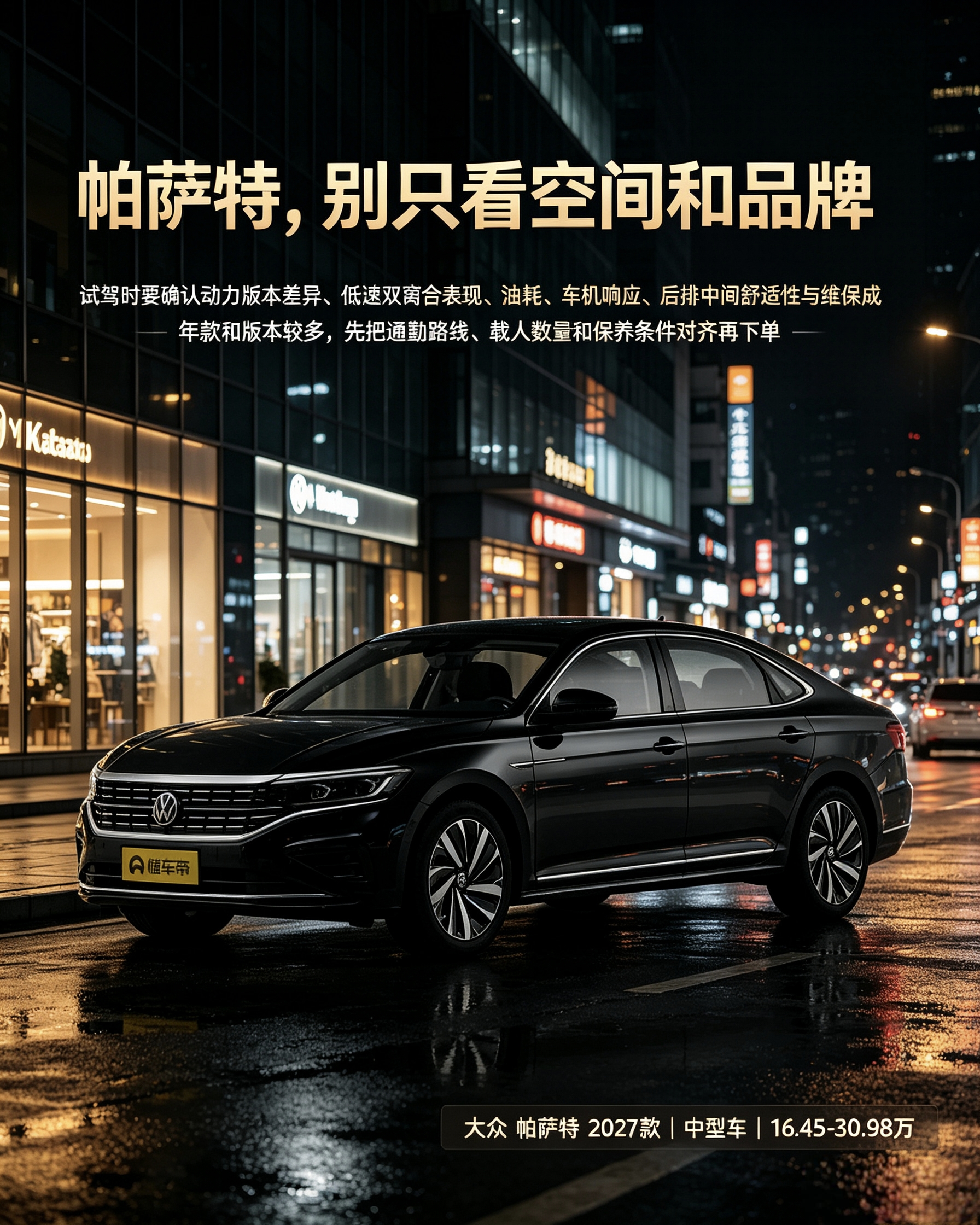 帕萨特：不能只看空间和牌子。试驾重点感受低速变速箱表现，不同版本动力差距不小，结合自己通勤路况、维保成本再决定入手。【来自懂车帝车友圈】
