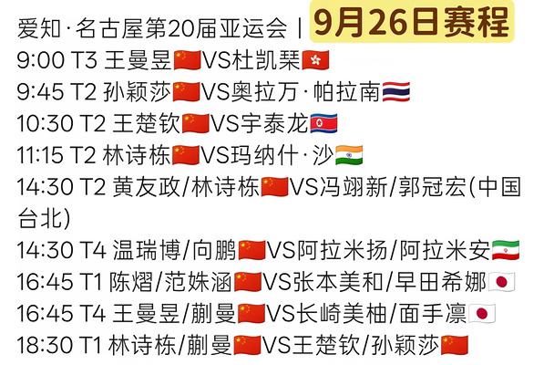 9月26日赛程#名古屋亚运会乒乓球 #亚运观赛团