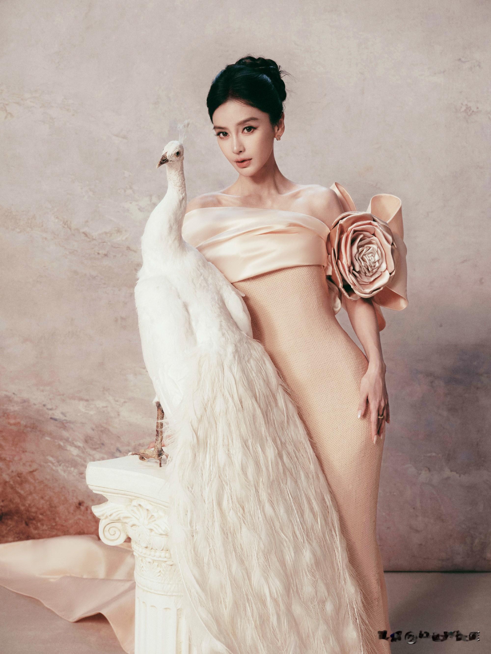 杨颖礼服大片，古典与浪漫交融
 
杨颖这一组时尚大片，氛围感十分动人。一袭浅粉色抹胸鱼尾礼服，缎面的翻折领口，搭配肩部立体玫瑰装饰，剪裁贴合身形，优雅又大气。
 
画面融入诸多古典意象，白孔雀相伴身旁，百合花环环绕周身，还有静物果盘布景，借鉴了古典绘画的构图，复古质感扑面而来。
