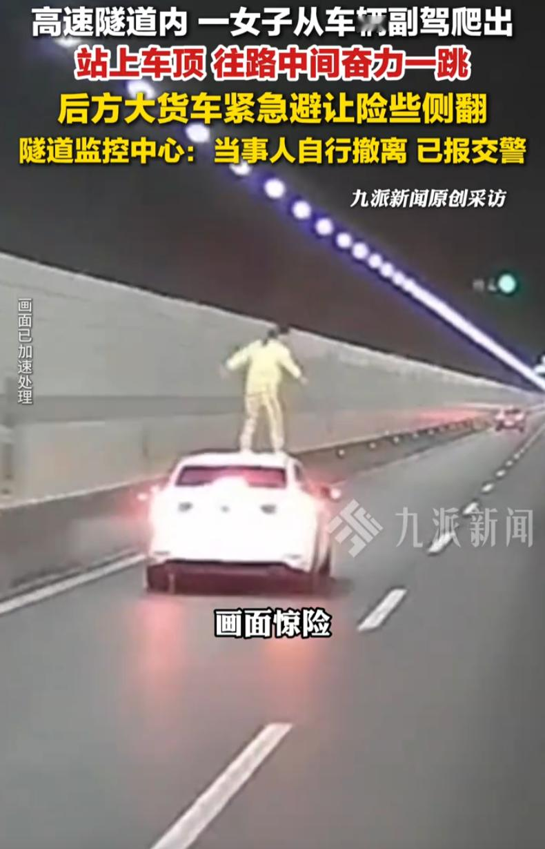 太惊险！浙江钱江高速隧道内，车流正常、车速平稳，一名女子突然从行驶中的私家车副驾爬出，站上车顶纵身跳下，硬生生逼得后方大车紧急避险、险些侧翻

全程被后方大车行车记录仪完整拍下，每一幕都让人捏一把冷汗。熟悉高速路况的人都清楚，隧道是交通事故高发地段，空间封闭、视线受限，所有车辆都是匀速快速通行，根本