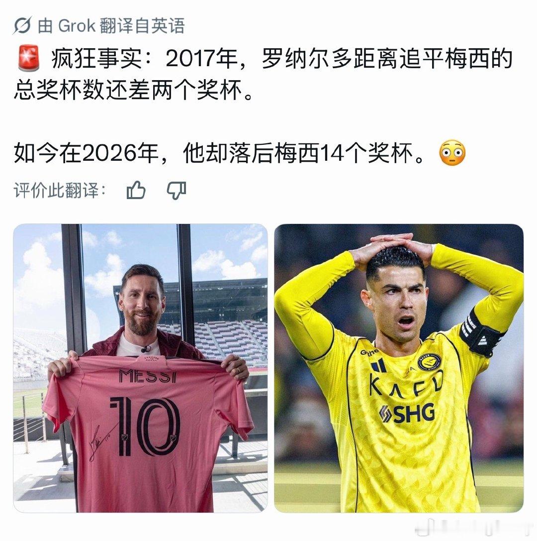 🚨疯狂事实：2017年，罗纳尔多距离追平梅西的总奖杯数还差两个奖杯。如今在2026年，他却落后梅西14个奖杯。

✅VAR2016年启动试验，2018年正式写入足球规则，同年俄罗斯世界杯首次亮相世界杯赛场。

🤣🤣🤣啥也不说了，感谢VAR ​