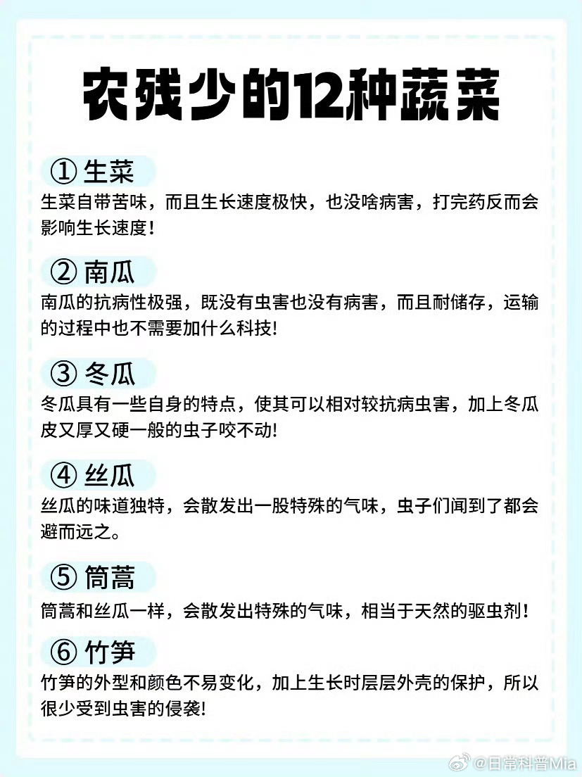 农残较少的十二种蔬菜蔬菜种植过程中，难免会需要打农药消除虫害的时候。但有的蔬菜由于自身特殊的气味、生长环境或是外形结构，虫害相对较少，农残也就相对较少 ​​​