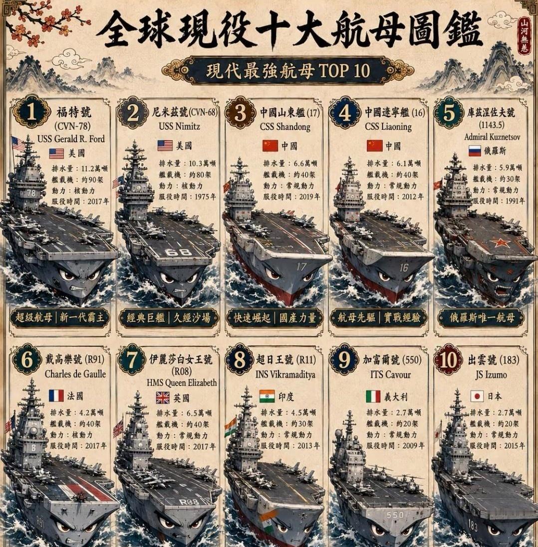 超厉害！超壮观！超漂亮！不得不佩服呀！全球现役十大航母！大家赶快来好好看看吧！

1. 美国 福特号 CVN78

真要看懂这份名单，先别只盯着船大不大，电磁弹射、核反应堆、舰载机体系、训练和维护这些看不见的东西，才是它们真正拉开差距的地方。

福特号像新一代的样板，尼米兹号像老牌尖子生，一个拼技术