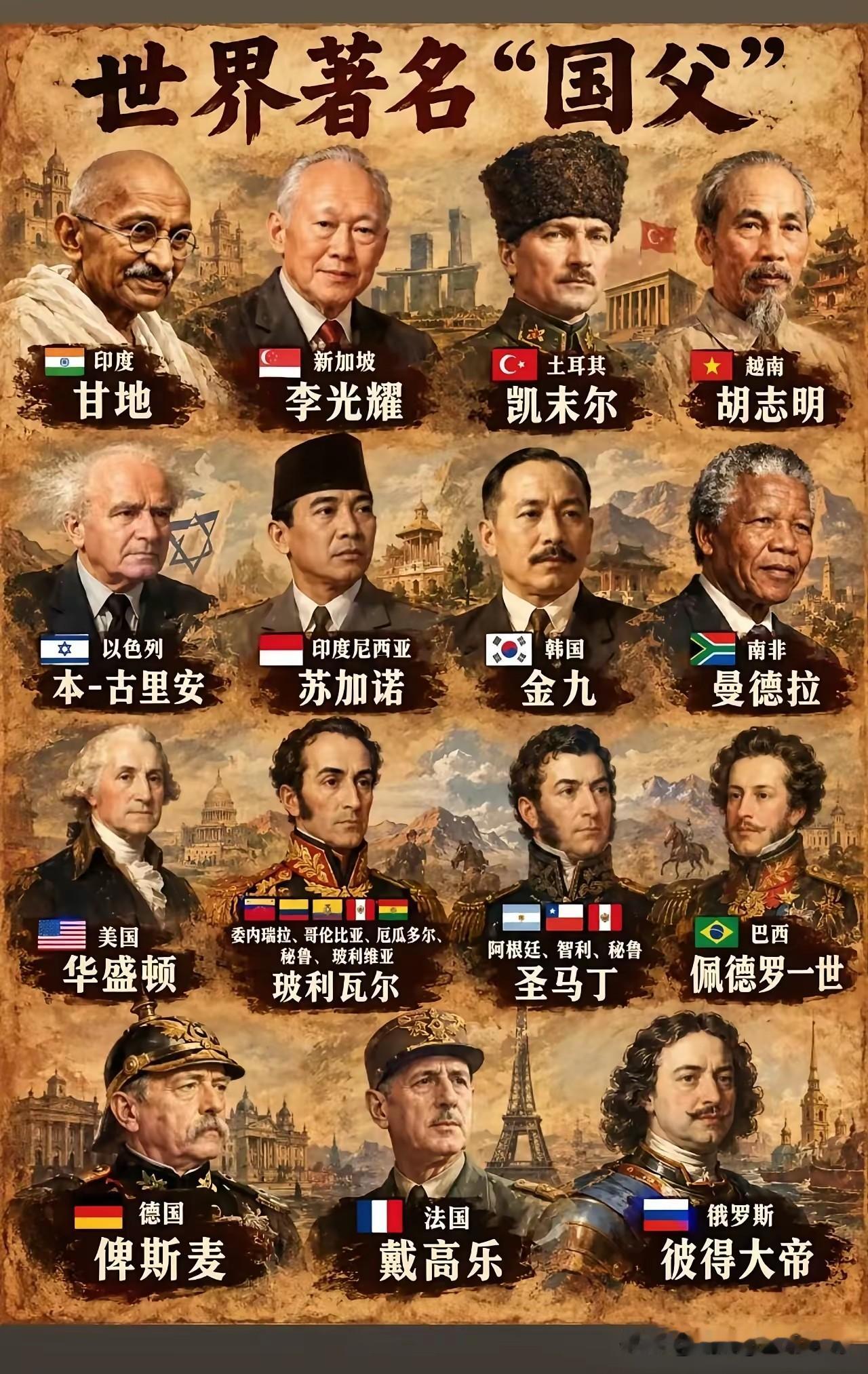 世界各国被尊称为国父的人物里，印度人敬重甘地，法国人推崇戴高乐，美国人敬仰华盛顿，还有越南的胡志明，韩国的金九，他们都有着一份国父情结，这样的情怀，对一个国家的发展究竟有着怎样的利弊呢？