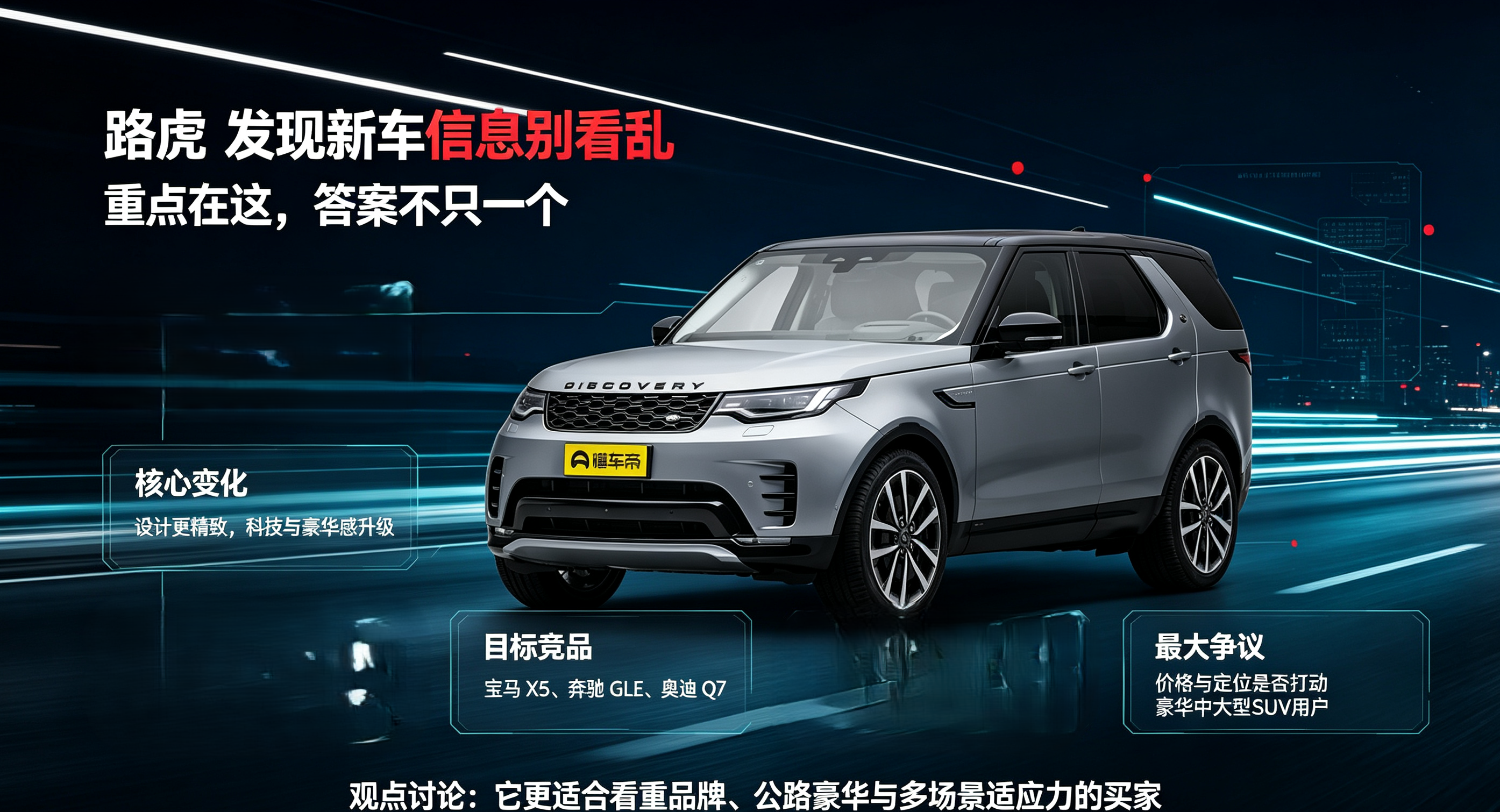 路虎发现 2026 款 新车解读
2026 款路虎发现上市之后，不少人盯着长长的配置表越看越懵，其实不用纠结细枝末节，抓准四个核心维度，这车值不值就一目了然。定价卡在豪华中大型 SUV 的主流区间，一共三款配置梯度，从入门到顶配合拉开了明显价差，覆盖了不同预算的用户，既有人冲入门款的性价比，也有人直
