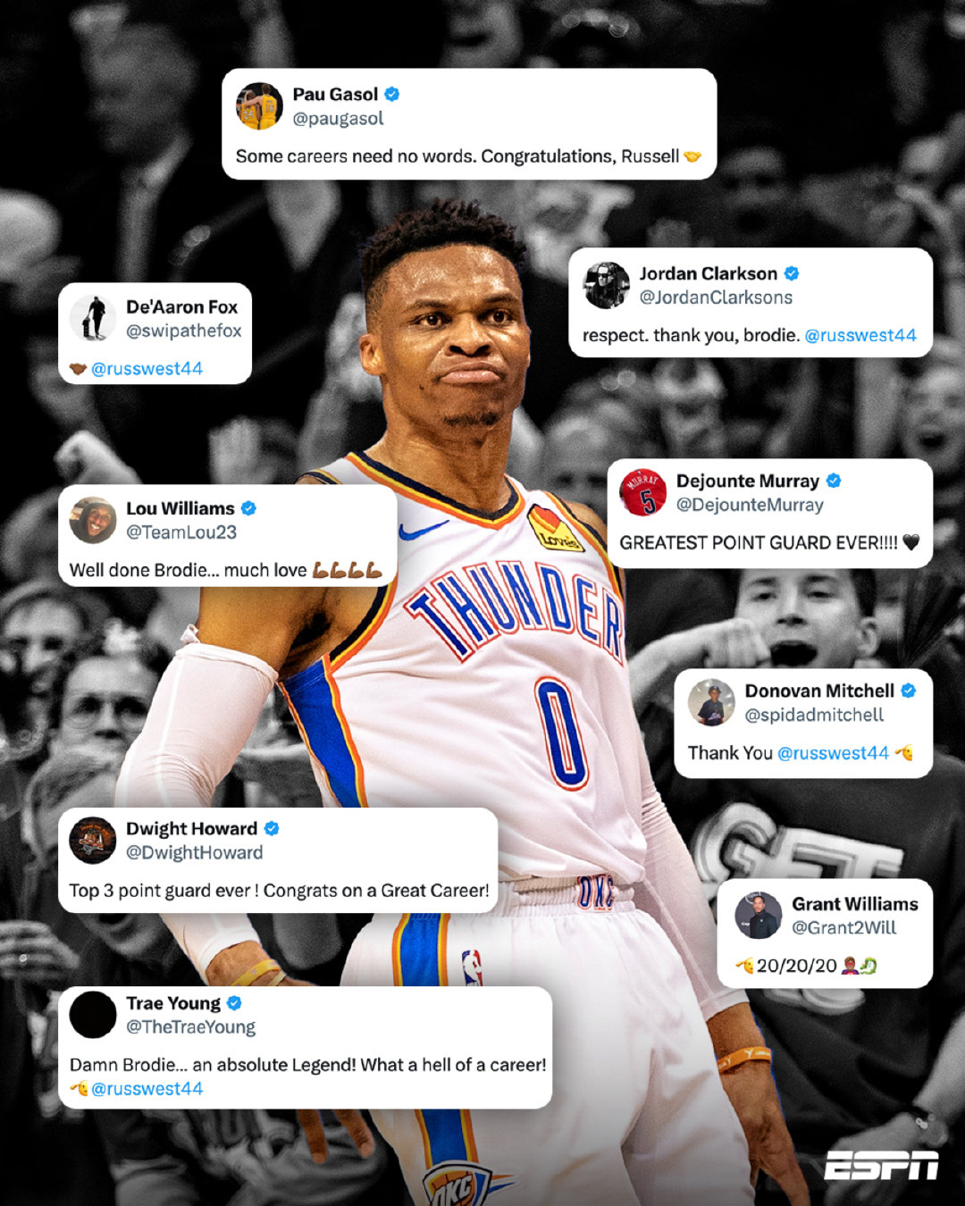 许多前NBA球星和现役球星都发声致敬和感谢威少，包括保罗加索尔、克拉克...