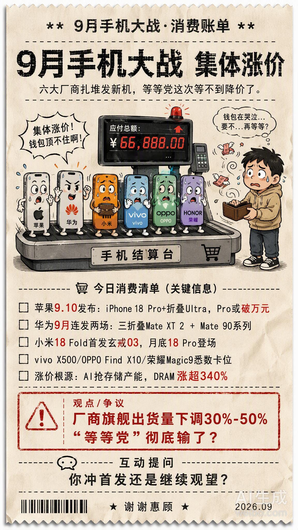 #曝9月20款手机密集发布#九月手机新品大战正式开启，众多国产新机集中亮相，直接和苹果秋季新品正面博弈。元器件涨价是行业共性难题，苹果本身具备较强的定价自主权。不过大量国产高性价比旗舰同台竞技，如果苹果定价过高，消费者很容易转向国产机型，这场新品混战，最终选择权交到用户手上。 ​