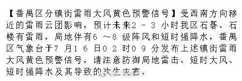 【番禺区分镇街雷雨大风黄色预警信号】受西南方向移近的雷雨云团影响，预计...