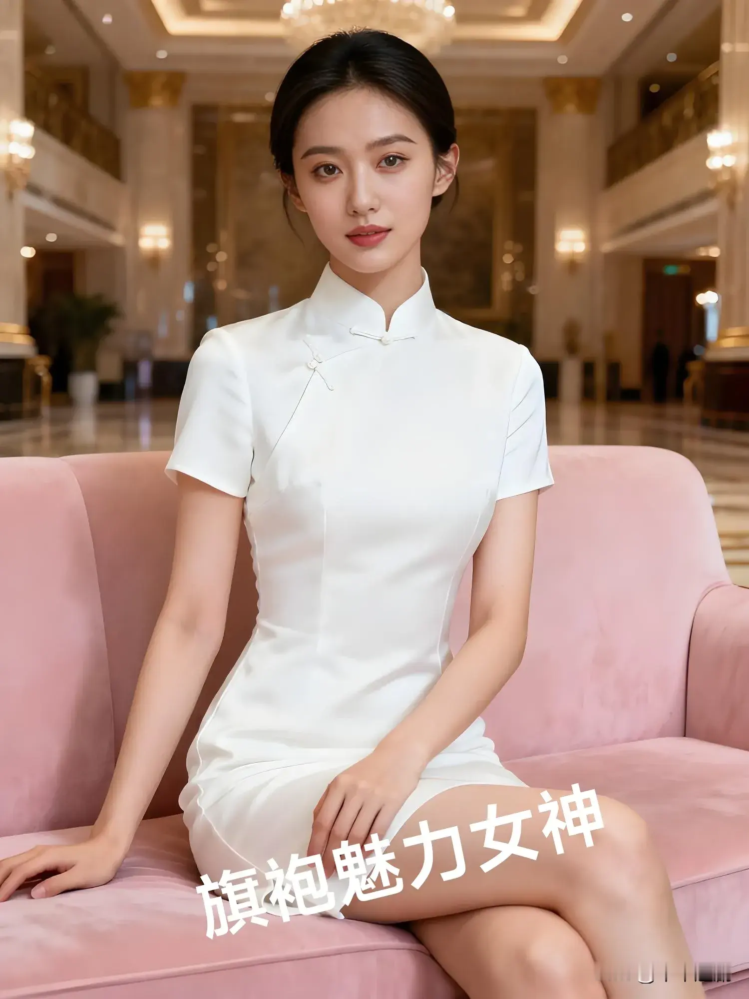 她身着白色旗袍，在奢华厅景中，将旗袍魅力女神的古典与优雅，融于每一处...