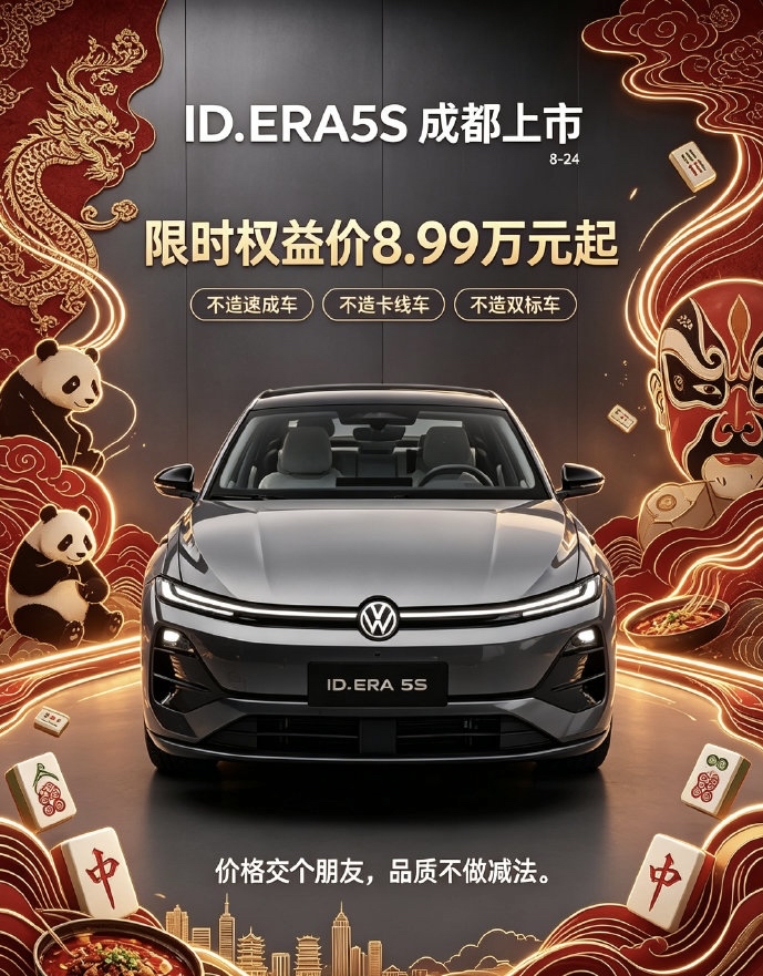 上汽大众ID. ERA 5S成都车展正式上市！共推出五款车型，官方指导价11.99-14.99万元，限时权益价8.99-11.99万元。作为ID. ERA家族首款轿车，搭载“行云智行”智能辅助驾驶系统，支持