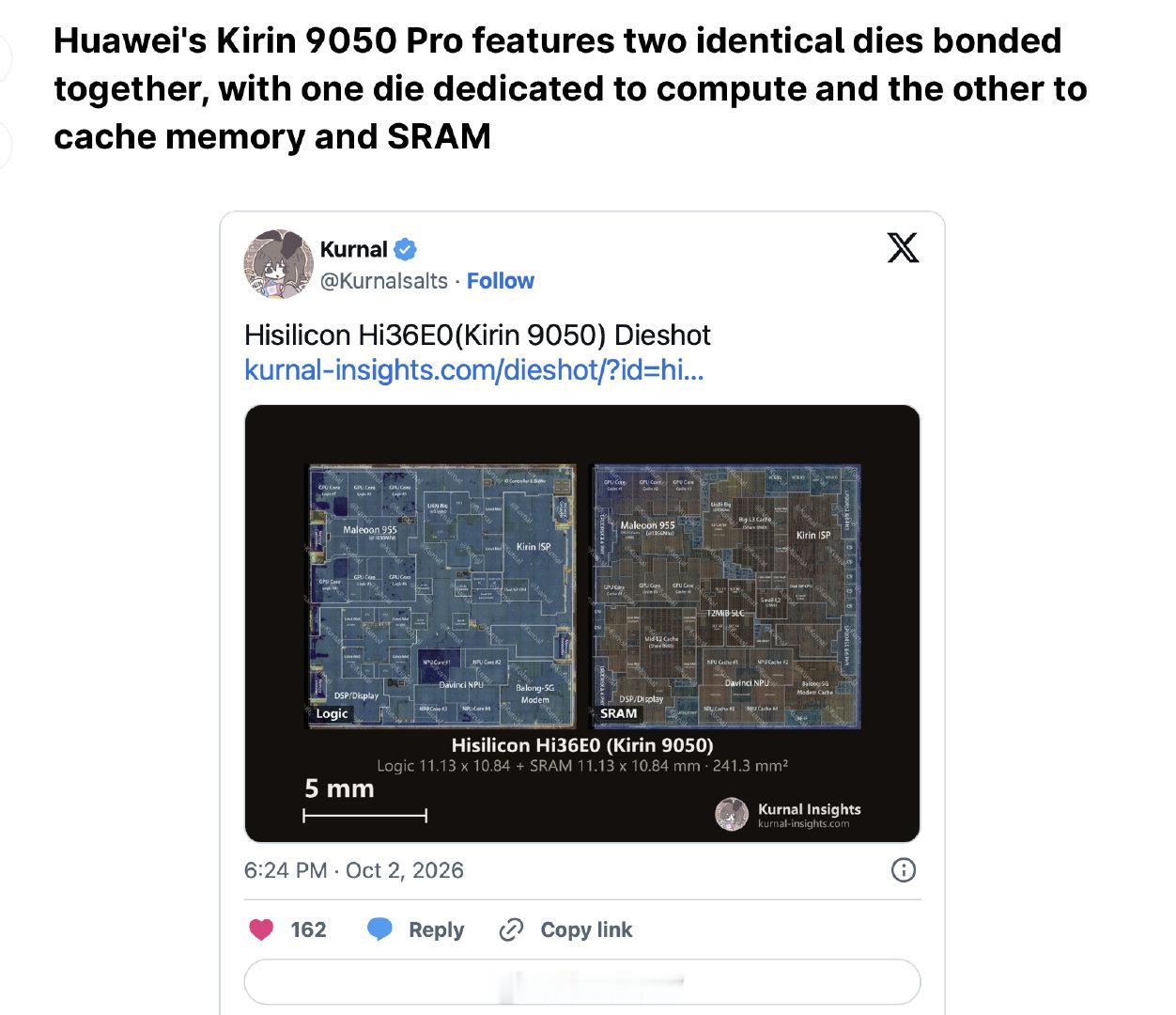 麒麟9050 Pro 的逻辑折叠有意思啊，折叠的更多是SRAM和逻辑分离在两个Die上~

工程上非常适合第一版落地的方案，难度不算太大，很符合现在技术的限制。

而且这么看，Intel的Xeon 6E+和Xeon 7也是逻辑折叠青春版了。 ​