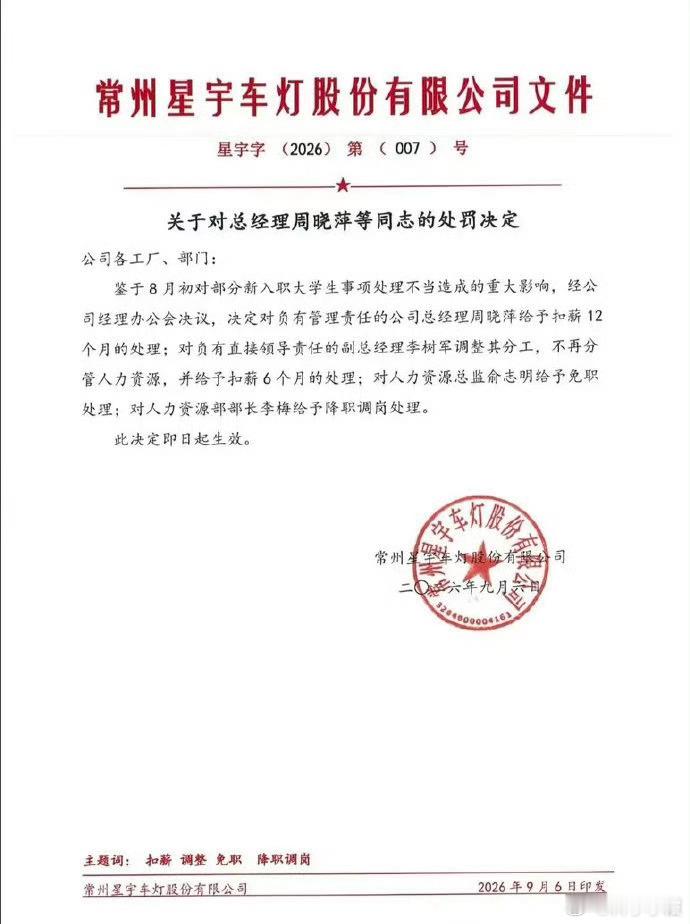 星宇股份实控人、董事长兼总经理周晓萍因公司粗暴解约107名应届生事件被内部追责，扣薪12个月合计约110万元，但因其持股42%、2025年家族分红超3亿元，舆论普遍质疑处罚“罚酒三杯”。  一、处罚决