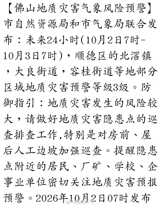 【佛山地质灾害气象风险预警】市自然资源局和市气象局联合发布：未来24小时(10月2日7时-10月3日7时)，顺德区的北滘镇，大良街道，容桂街道等地部分区域地质灾害预警等级3级。防御指引：地质灾害发生的风险较大，请做好地质灾害隐患点的巡查排查… ​
