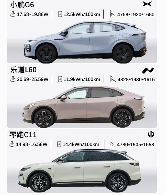 20万纯电SUV三车横评｜小鹏G6/乐道L60/零跑C11
	
👉小鹏G6：800V快充，智驾标配，家用、跑长途合适。
	
👉乐道L60：后排空间最大，支持租电购车，智驾要订阅。
	
👉零跑C11：价格门槛最低，堆料足，续航不错，城市通勤优选。
	
简单总结
	
• 看重快充、智驾选小鹏G6
	
• 追求大空间选乐道L60
	
• 预算有限要高配置选零跑C11
建议线下试驾再定。