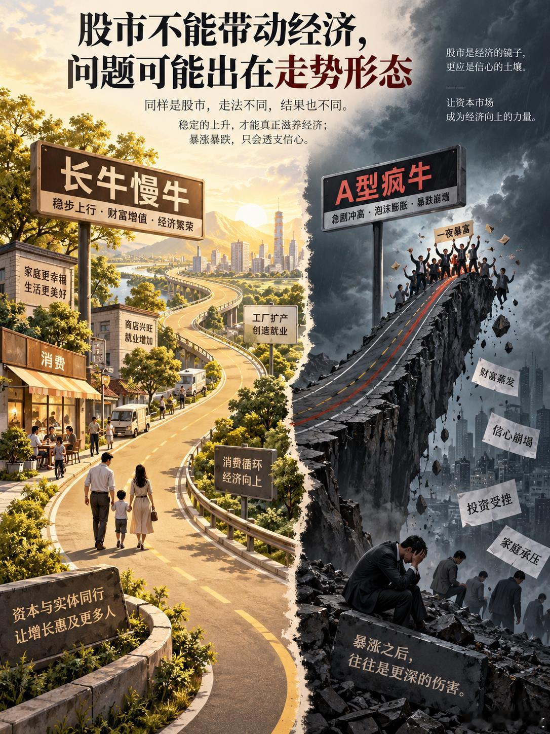 房地产市场曾经持续上涨20年，建筑、装修、销售、原材料以及农民工等产业链上的许多参与者都获得了收益。

财富增加之后，消费随之增长，经济也形成了循环。

美国和印度股市同样经历了长期慢涨，阶段性调整幅度相对有限，投资者能够形成稳定的财富预期。

但中国股市经常是暴涨暴跌，形成A型走势。少 ​