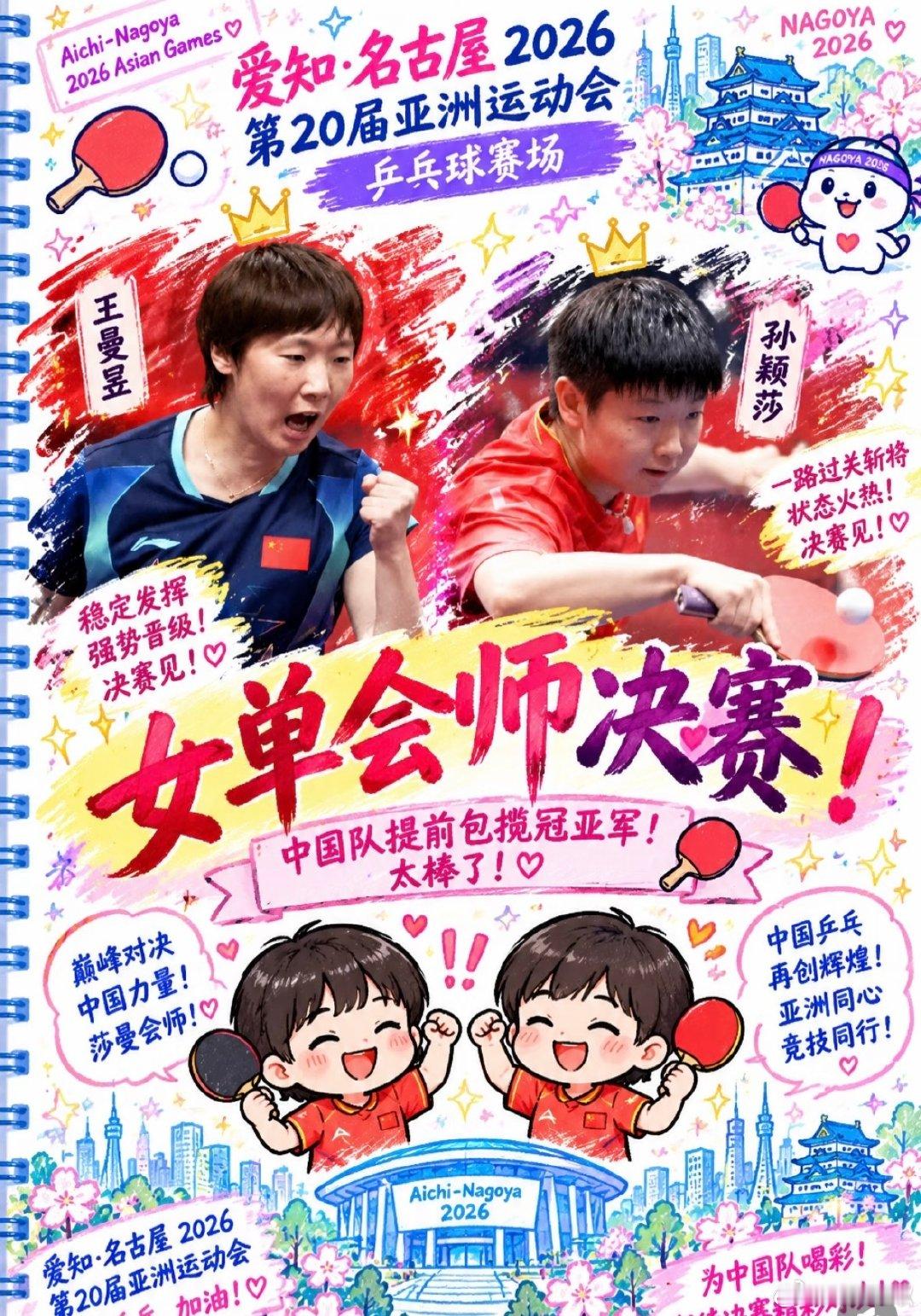 #国乒女单金牌#
🏓王曼昱（中国）4-1张本美和（日本），晋级决赛；

🏓孙颖莎（中国）4-1早田希娜（日本），晋级决赛。

🏅国乒提前锁定亚运女单冠军/金牌，包揽亚运女单冠亚军。
两人好样的
好好休息一下
晚上好好打 ​