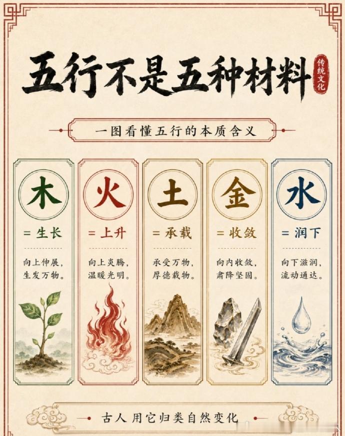 总听人说“肝火旺”“五行属木”“相生相克”，但到底在讲什么？其实阴阳五行不是玄乎口号，而是古人理解自然变化的一套分类模型。✅ 阴阳＝看变化 明/暗、热/冷、动/静、升/降，不是固定标签，而是相对关系。✅ 五行＝做分类 木：生长 火：上升 土：承载 金：收敛 水：润下✅ 相生＝互相推动 木→火→土→金→水→木✅ 相克＝互相制衡 木→土→水→火→金→木这一篇把阴阳、五行、相生、相克、五脏对应、年份尾数简表都整理出来了。传统文化科普，不作命理或疗判断