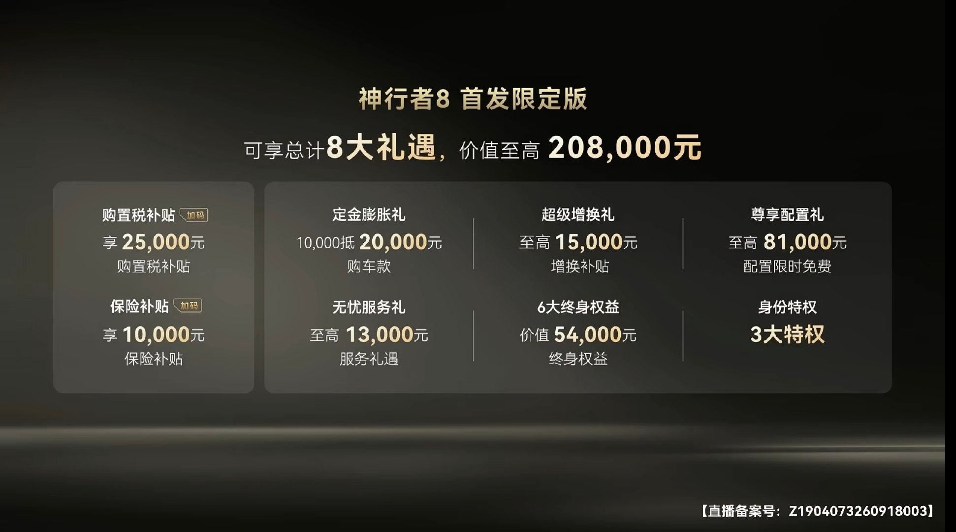 神行者8价格来了:
大六座
Max+:39.99万
Max:35.99万
Pro:31.99万
大五座对应版本各便宜1万元
捷豹路虎老车主置换补贴1.5万元，其它品牌置换补贴1万元，购置税补贴1万元

首发限定版用户的权益更是香哭了，追加定金1万膨胀至2万，购置税补贴2.5万，商业保险补贴1万 ​