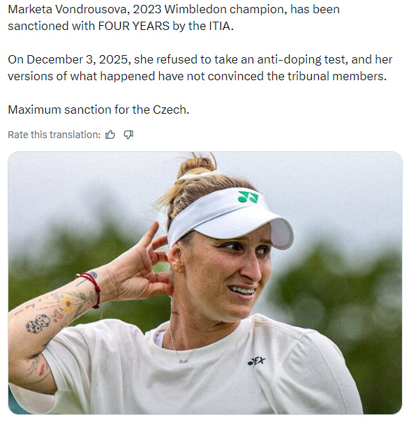 顶格重锤！万卓索娃去年年底拒绝药检事件的判决出来了，由于球员提供的拒检...